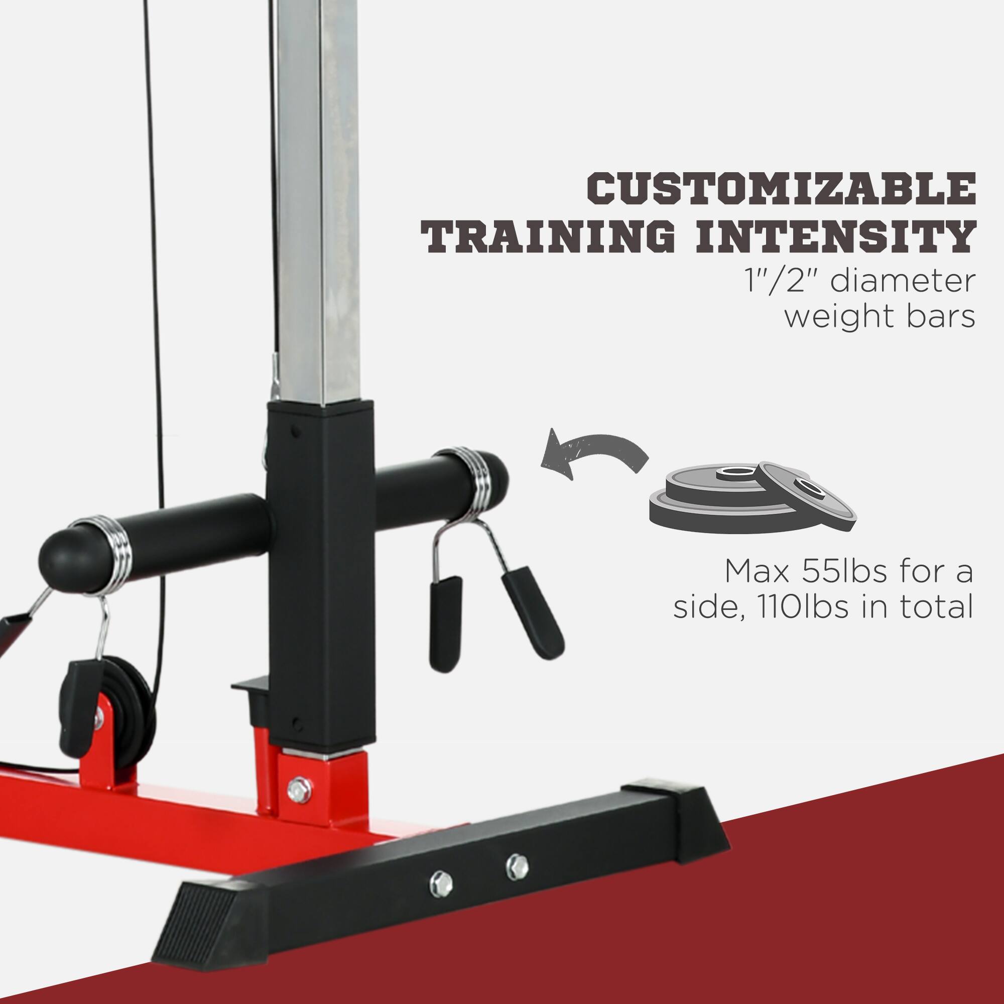 CUSTOMIZABLE TRAINING INTENSITY  
1" / 2" diameter weight bars  
Max 55lbs for a side, 110lbs in total