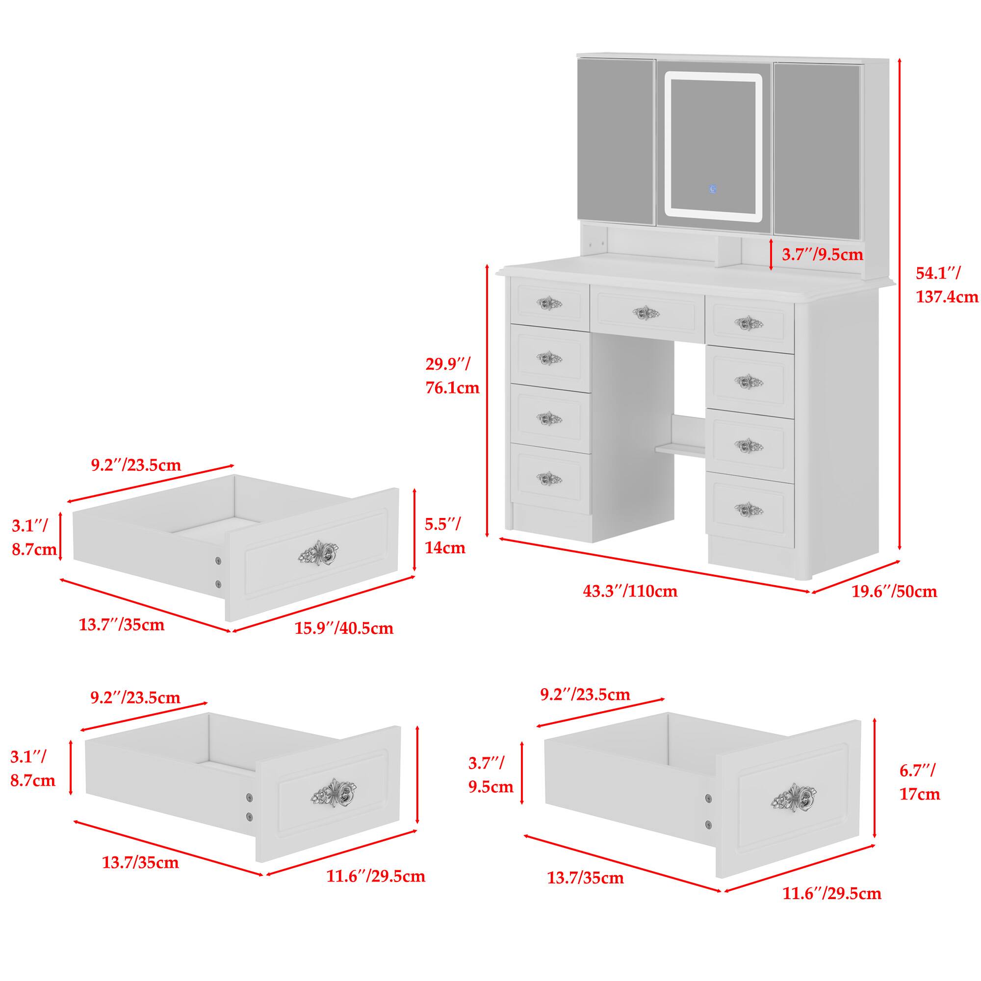 Here are the measurements grouped and corrected:

- **Height:** 54.1"/137.4cm
- **Width:** 9.20"/23.5cm
- **Depth:** 29.9"/76.1cm
- **Drawer 1:** 3.1"/8.7cm x 5.5"/14cm
- **Drawer 2:** 3.1"/8.7cm x 13.7"/35cm
- **Drawer 3:** 3.1"/8.7cm x 13.7"/35cm
- **Drawer 4:** 3.1"/8.7cm x 11.6"/29.5cm
- **Drawer 5:** 3.1"/8.7cm x 11.6"/29.5cm
- **Drawer 6:** 3.7"/9.5cm x 13.7"/35cm
- **Shelf 1:** 9.27"/23.5cm x 15.9"/40.5cm
- **Shelf 2:** 9.27"/23.5cm x 19.6"/50cm
- **Shelf 3:** 9.27"/23.5cm x 43.3"/110cm
- **Shelf 4:** 9.27"/23.5cm x 19.6"/50cm
- **Shelf 5:** 9.27"/23.5cm x 13.7"/35cm
- **Shelf 6:** 9.27"/23.5cm x 11.6"/29.5cm
- **Shelf 7:** 9.27"/23.5cm x 6.7"/17cm