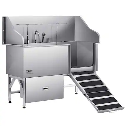 Front. VEVOR - Stainless Steel Dog Washing Station, 61 inch Pet Grooming Tub w/ Ramp, Water Filter Board.
