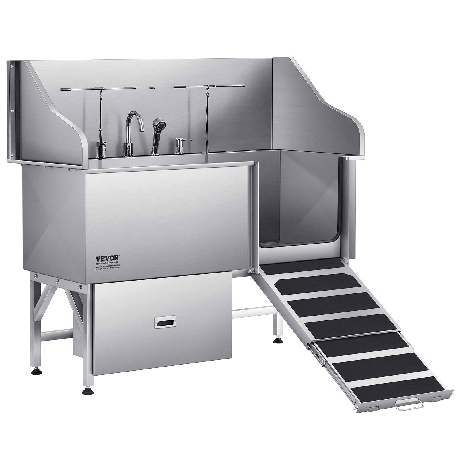 Front. VEVOR - Stainless Steel Dog Washing Station, 61 inch Pet Grooming Tub w/ Ramp, Water Filter Board.