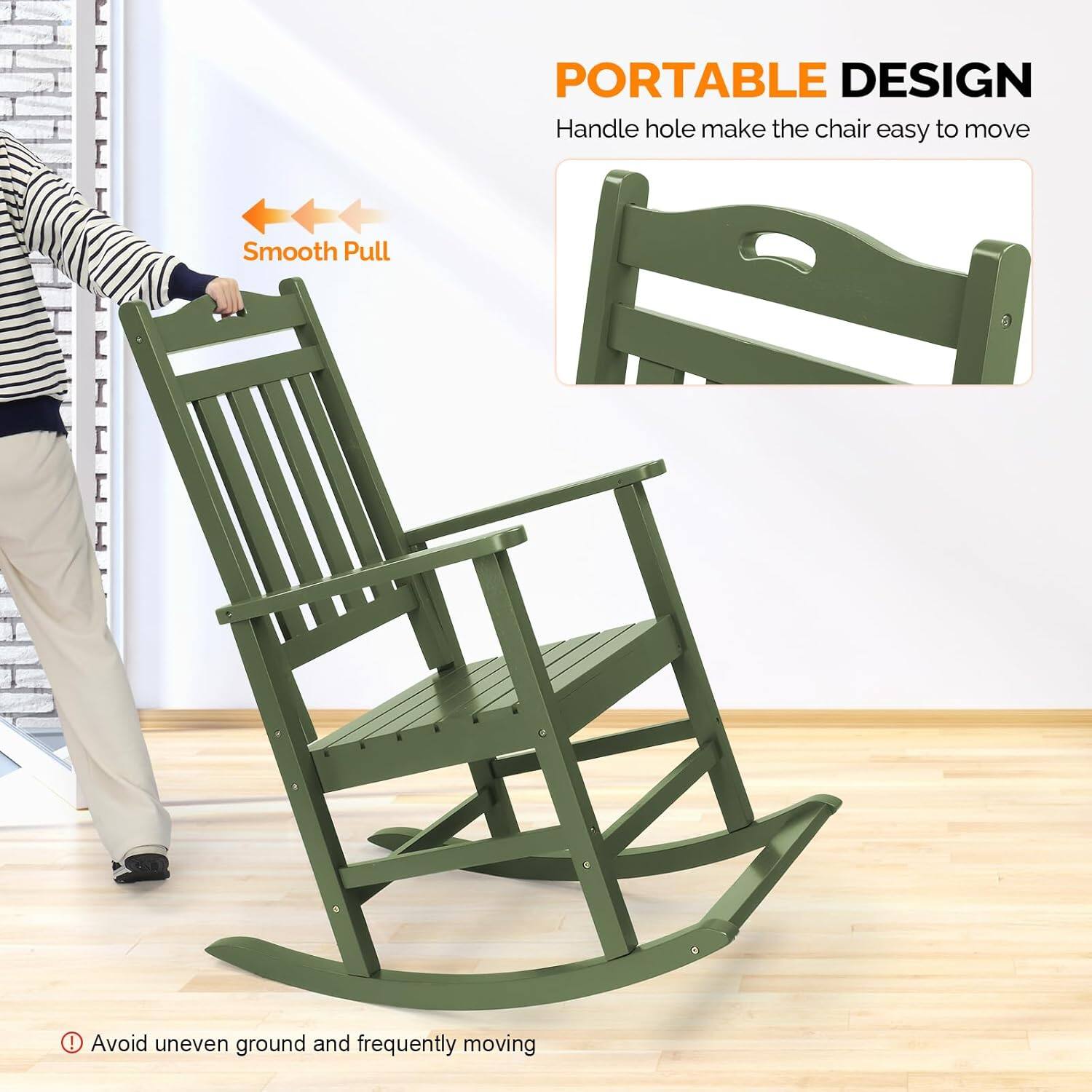 PORTABLE DESIGN  
Handle hole make the chair easy to move  

Smooth Pull  

Avoid uneven ground and frequently moving