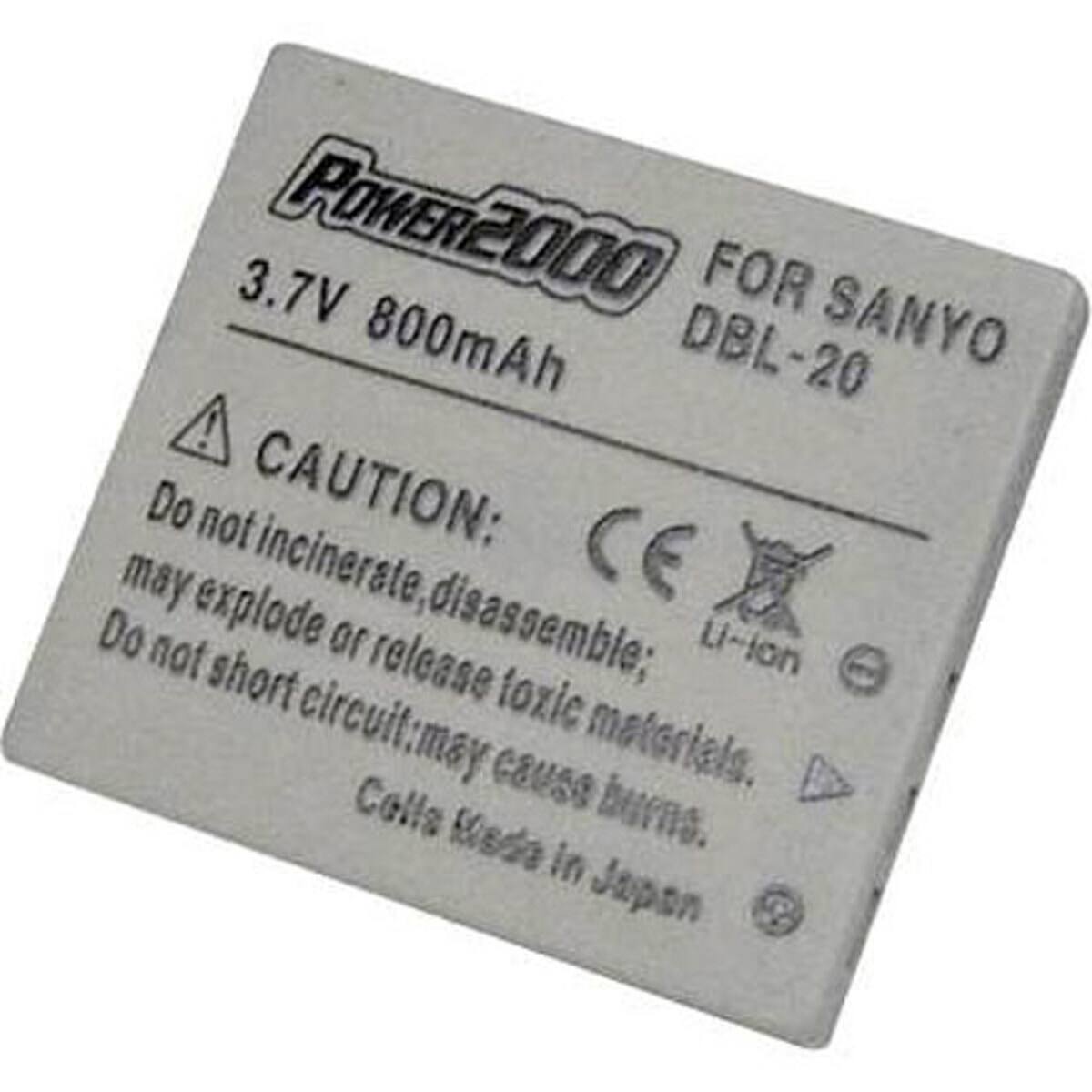 3.7V POWER2000 FOR SANYO DBL-20
800mAh
CAUTION:
Do not incinerate, disassemble; may explode or release toxic materials.
Do not short circuit; may cause burns.
Made in Japan