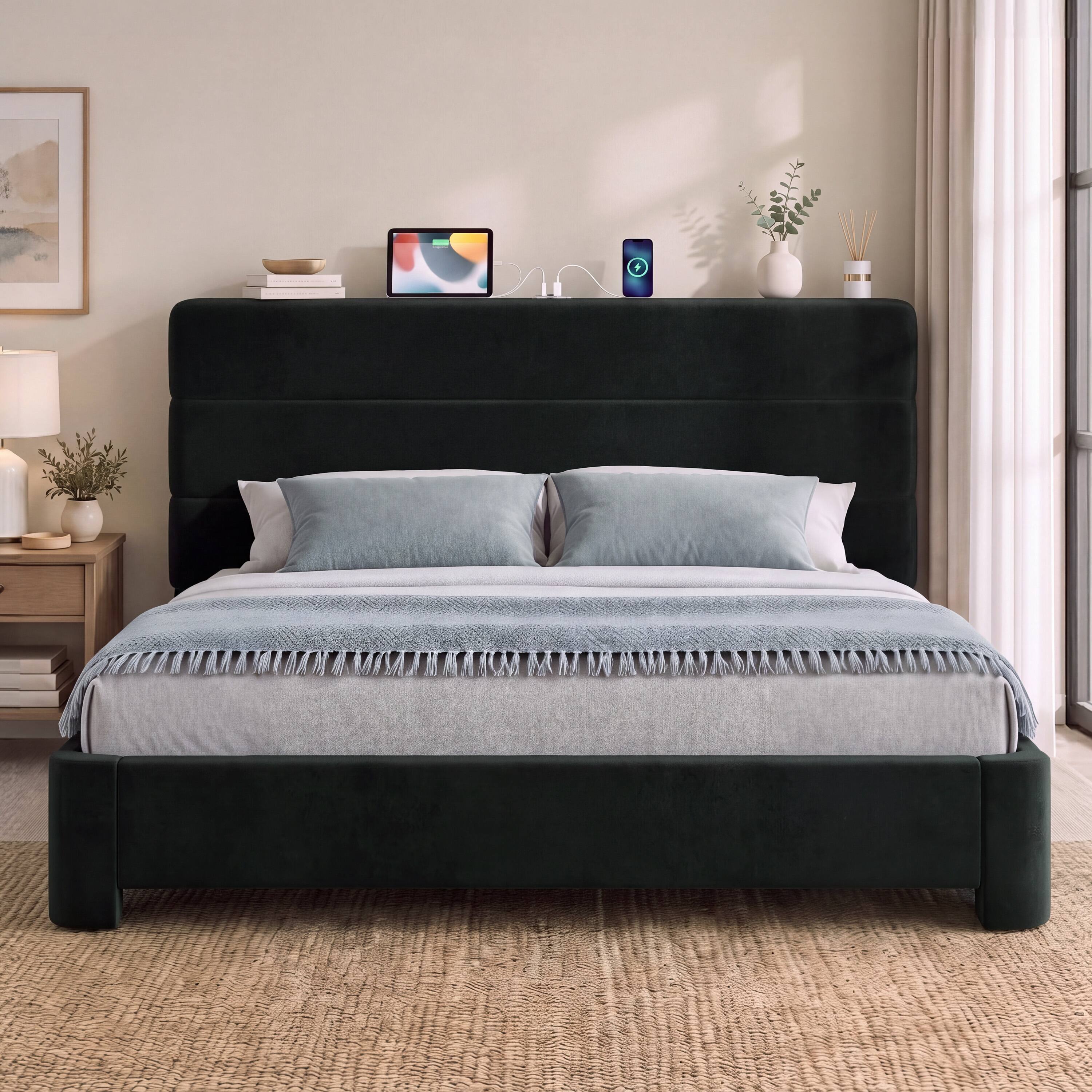 Angle. Vipbear - Q/K Upholstered Bed Frame with USB/Type-C Charging, Platform Bed, No Box Spring Needed, Works with 8–14" Mattresses - Black.