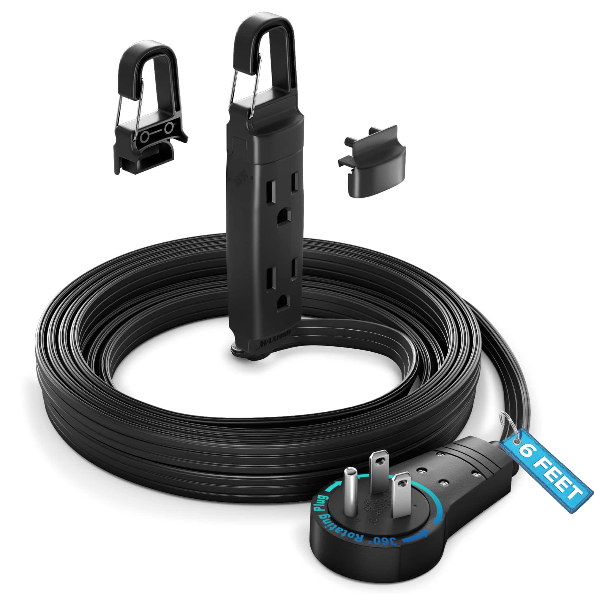 Maximm - 360° Rotating Flat Plug Extension Cord with a Removable Hook, Extension Cord 6 ft (16 Gauge) UL Certified - Black