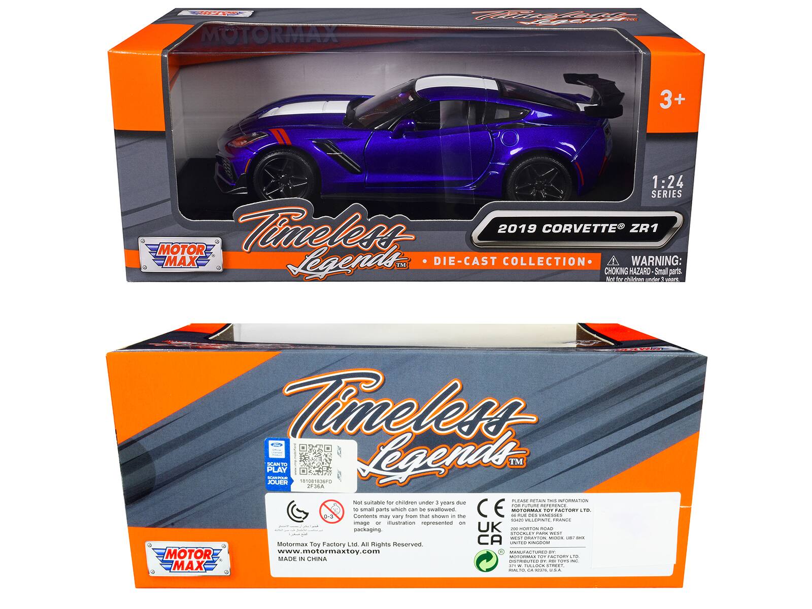 **Front Side:**

- **Top Left Corner:** MOTOR MAX
- **Top Right Corner:** 3+
- **Main Text:** Timeless Legend™
- **Below Main Text:** 2019 CORVETTE® ZR1
- **Below Corvette Text:** DIE-CAST COLLECTION
- **Top Right Side:** 1:24 SERIES
- **Warning Label:** WARNING: CHOKING HAZARD - Small parts. Not for children under 3 years.
- **Bottom Left Corner:** MOTOR MAX
- **Bottom Right Corner:** Not suitable for children under 3 years due to small parts which can be swallowed. Contents may vary from those shown in the packaging. Illustration represented on packaging.
- **Bottom Left Side:** Motormax Toy Factory Ltd. All Rights Reserved. www.motormaxtoy.com
- **Bottom Right Side:** MADE IN CHINA

**Back Side:**

- **Top Left Corner:** MOTOR MAX
- **Main Text:** Timeless Legend™
- **Below Main Text:** DIE-CAST COLLECTION
- **Top Right Corner:** 1:24 SERIES
- **Warning Label:** WARNING: CHOKING HAZARD - Small parts. Not for children under 3