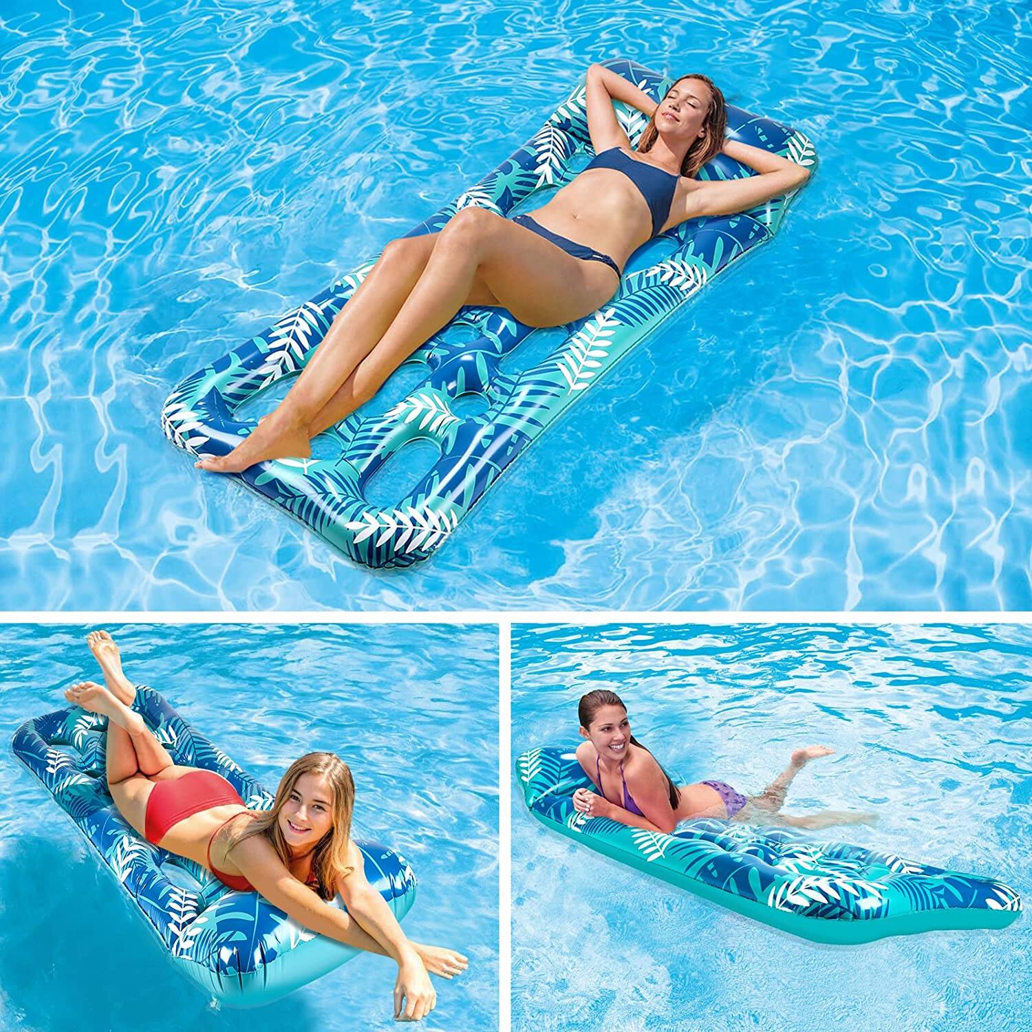 Alt View 7. CAMULAND - 70" x 31" Inflatable Lounge Pool with Headrest Floating Pool Lounge Chair - Blue.