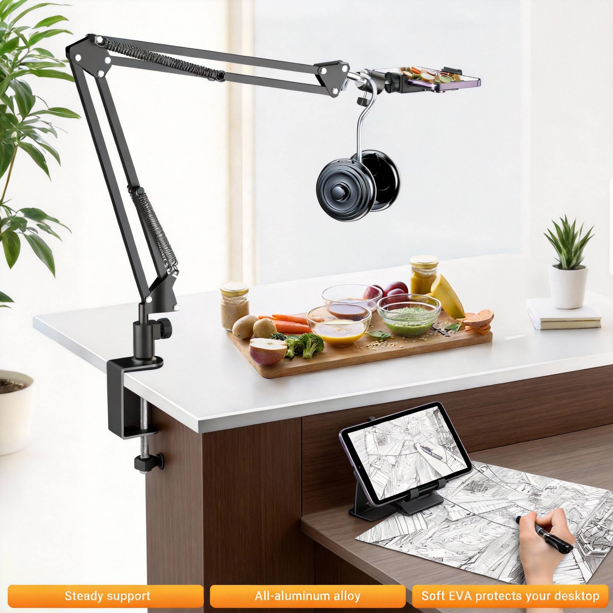 Steady support  
All-aluminum alloy  
Soft EVA protects your desktop