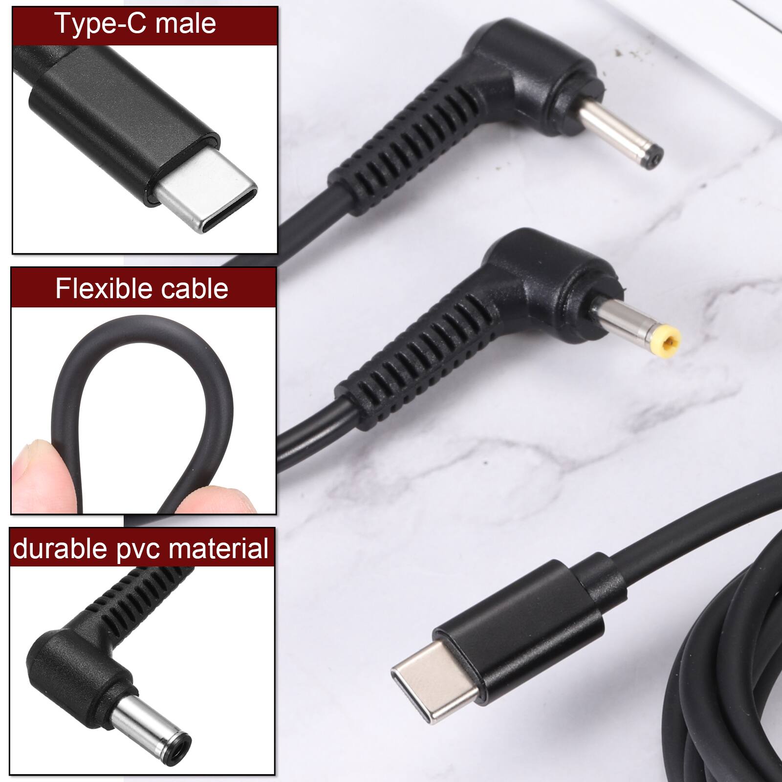 Type-C male  
Flexible cable  
Durable PVC material