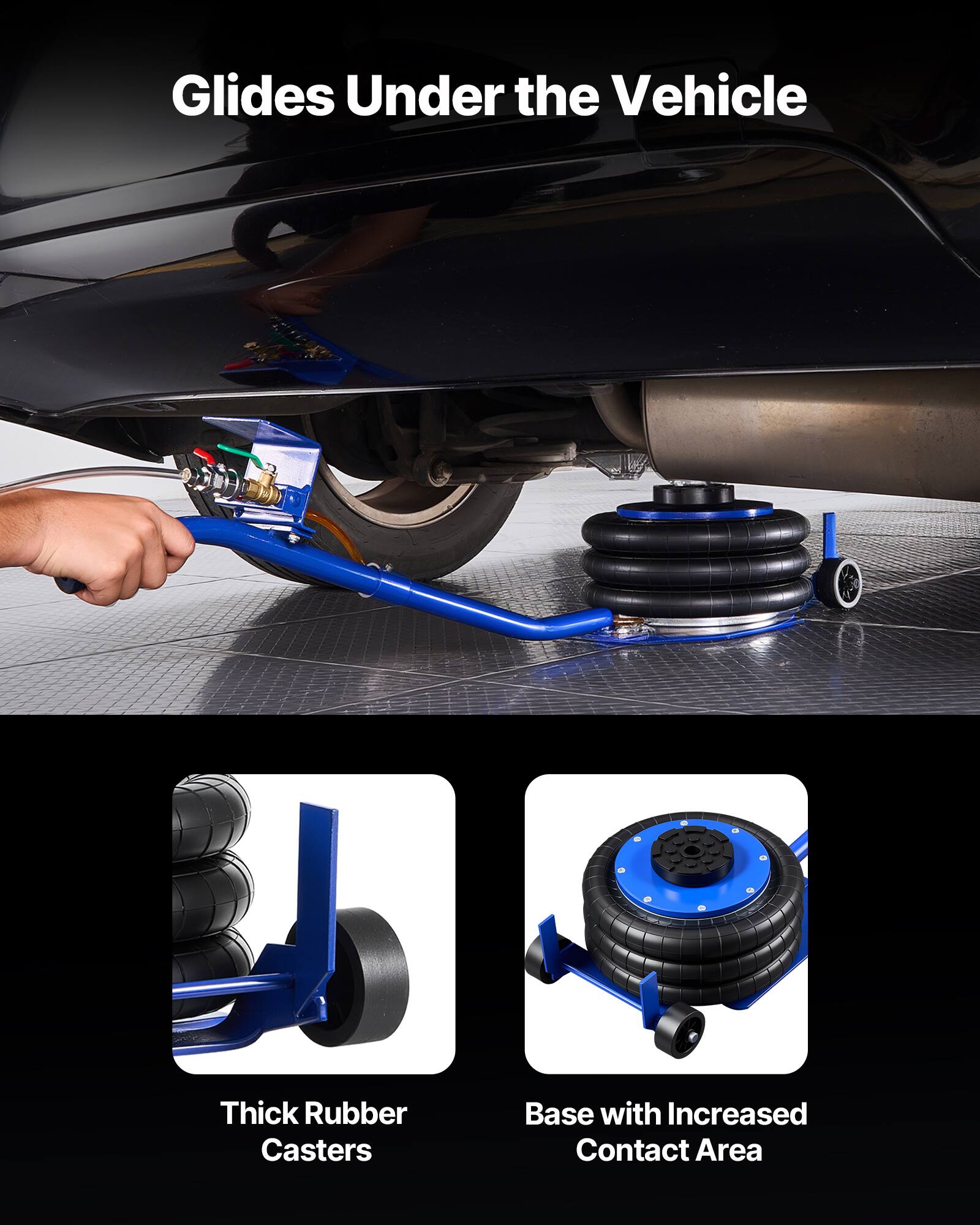 Glides Under the Vehicle

Thick Rubber Casters

Base with Increased Contact Area