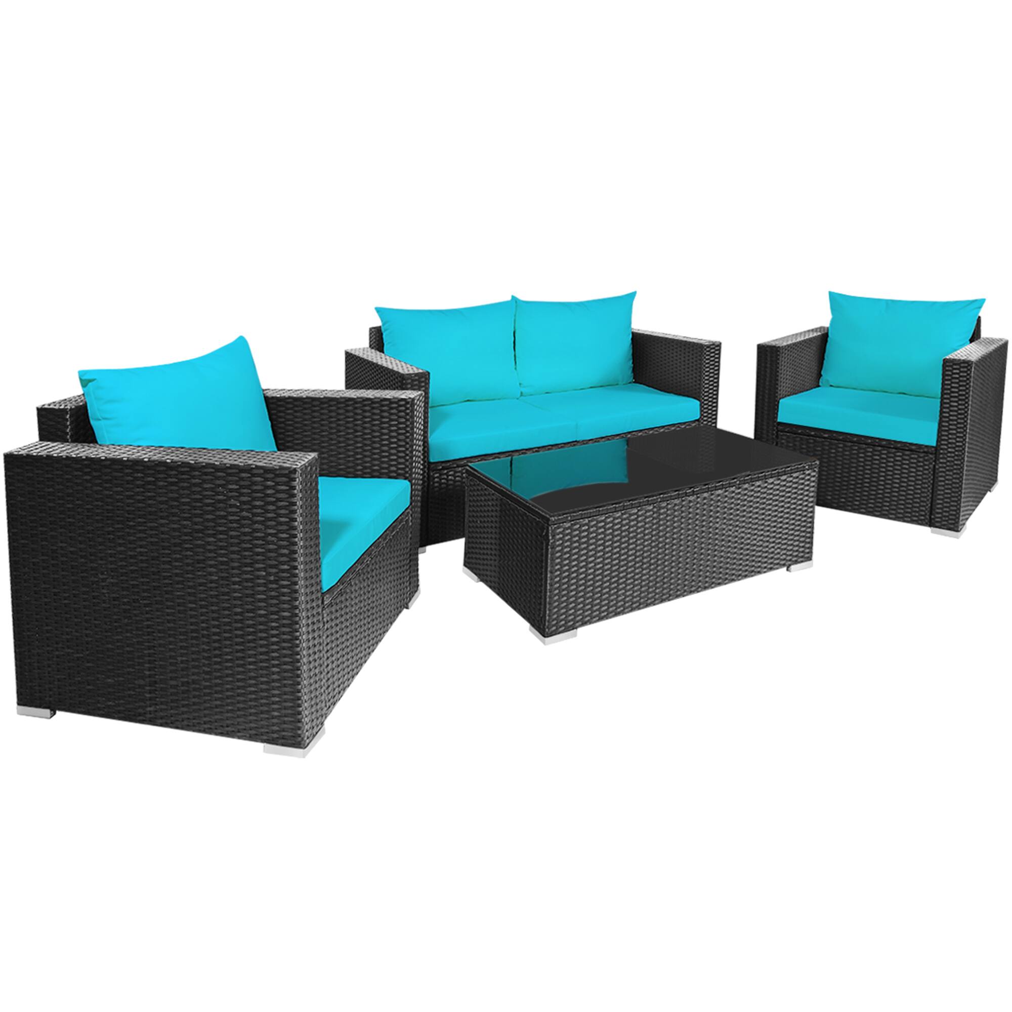 Alt View 3. Gymax - Gymax 8PCS Rattan Patio Conversation Set Outdoor Furniture Set w/ Turquoise Cushions - Turquoise.