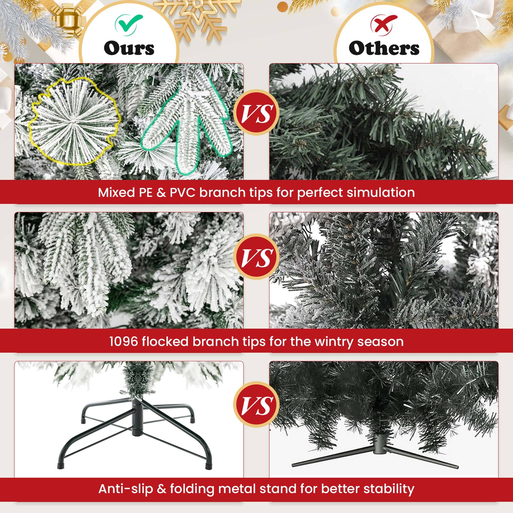 Ours: Mixed PE & PVC branch tips for perfect simulation.
Others: 1096 flocked branch tips for the wintry season.
Anti-slip & folding metal stand for better stability.