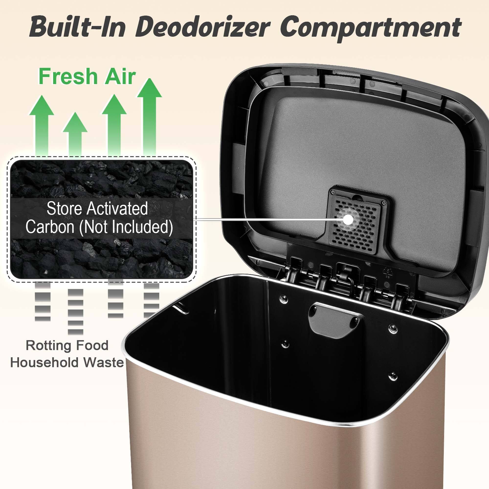 Built-In Deodorizer Compartment

Fresh Air

Store Activated Carbon (Not Included)

Rotting Food Household Waste