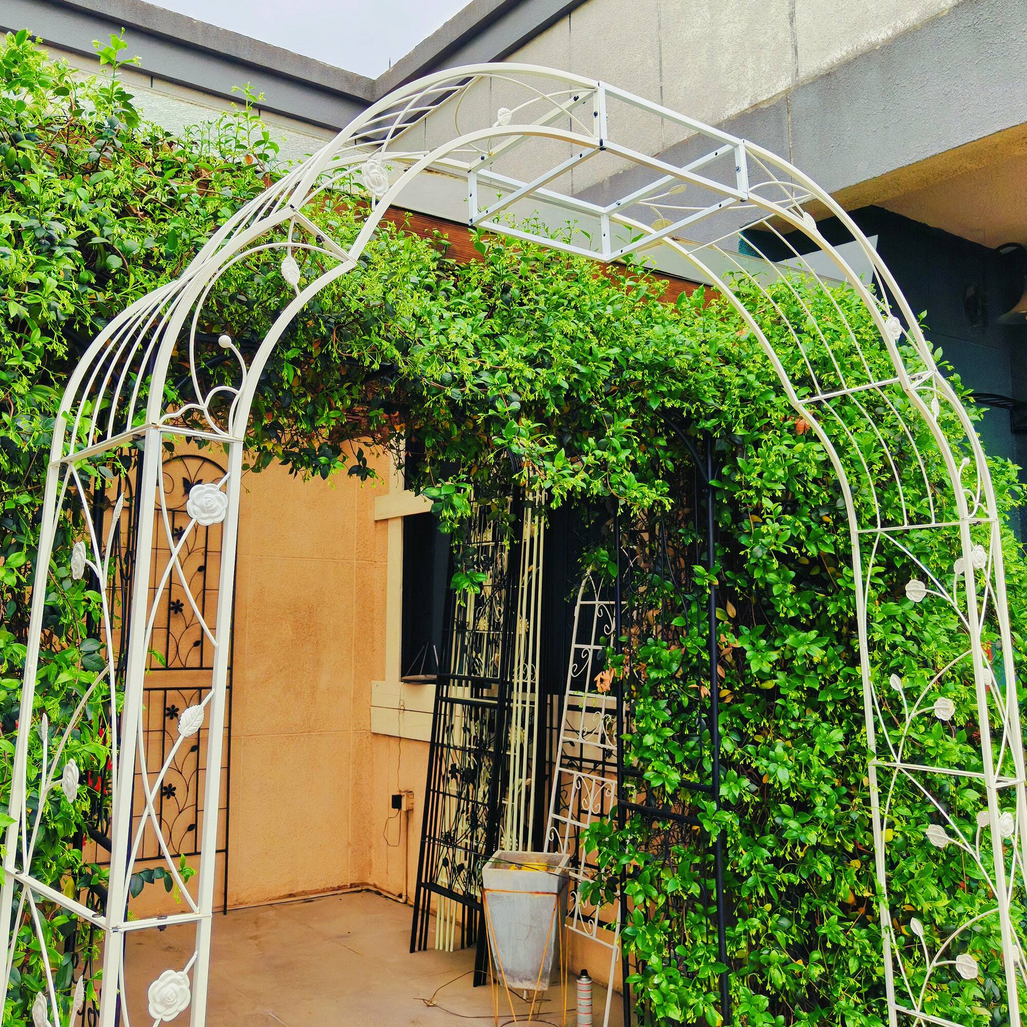 Alt View 4. Loheer - Metal Garden Arch Trellis 6.2 ft W x 8.2 ft H for Climbing Plants Outdoor Rose Arbor - Cream White.