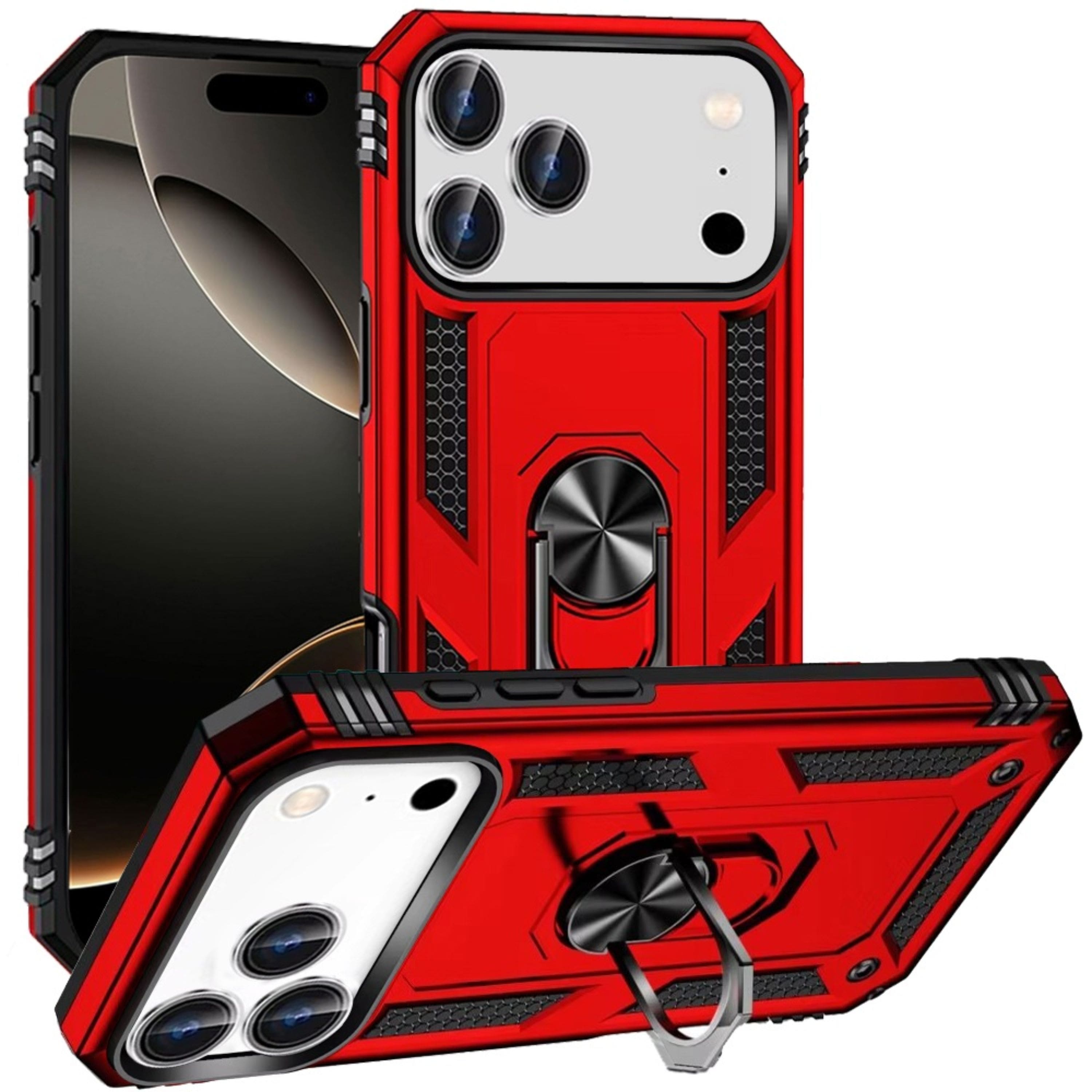Kitcheniva - Rugged Metal Ring Kickstand Phone Case With Tempered Glass For iPhone 17 Pro - Red