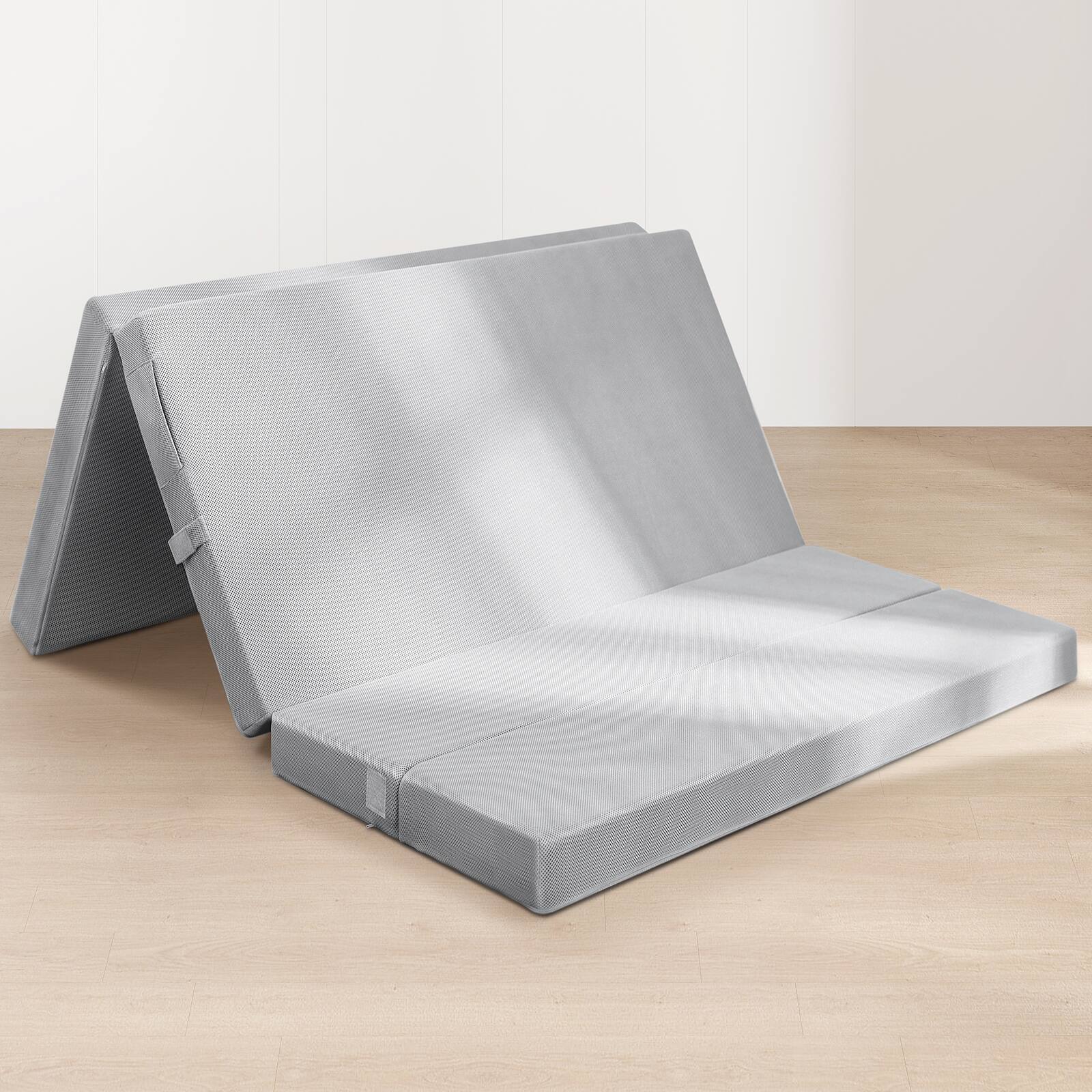 KERDOM - Queen Size - 4'' Portable Folding RV Camping Mattress, Washable Cover & Storage Bag, Yoga Mat Floor Sleep Pad for Guest - Grey - Queen Size