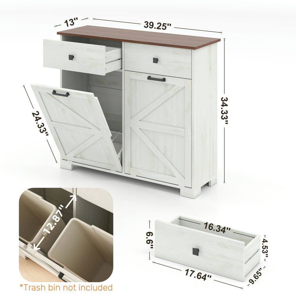 - Width: 39.25"
- Depth: 13"
- Height: 34.33"
- Drawer 1 (Top): 24.33" (Width) x 6.6" (Depth) x 16.34" (Height)
- Drawer 2 (Bottom): 17.64" (Width) x 9.65" (Depth) x 4.53" (Height)
- Trash bin space: 12.87" (Width) x 6.6" (Depth)
- *Trash bin not included