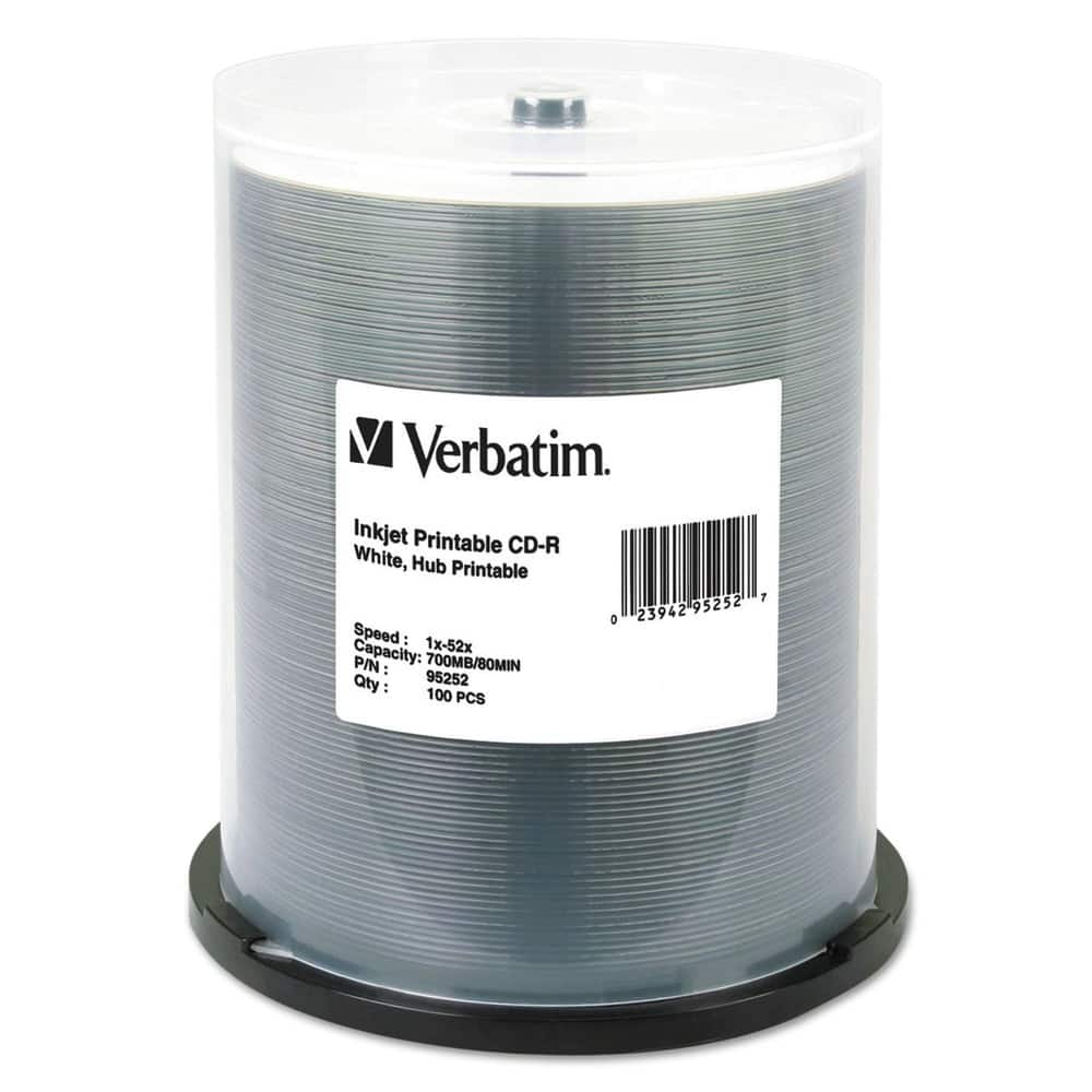 Verbatim - 95252 700 MB 52X CD-R Inkjet Printable Hub Printable (100/Pack) - White