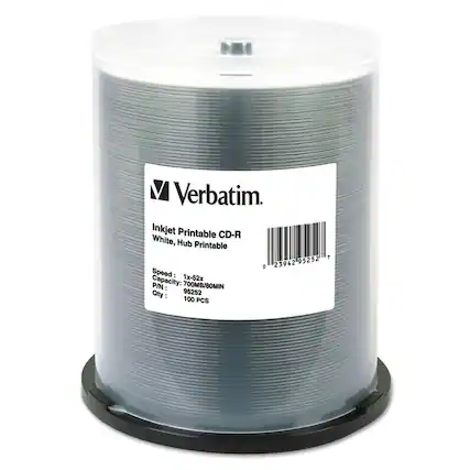 Verbatim
Inkjet Printable CD-R
White, Hub Printable
Speed: 1x-52x
Capacity: 700MB/80MIN
P/N: 95252
Qty: 100 PCS