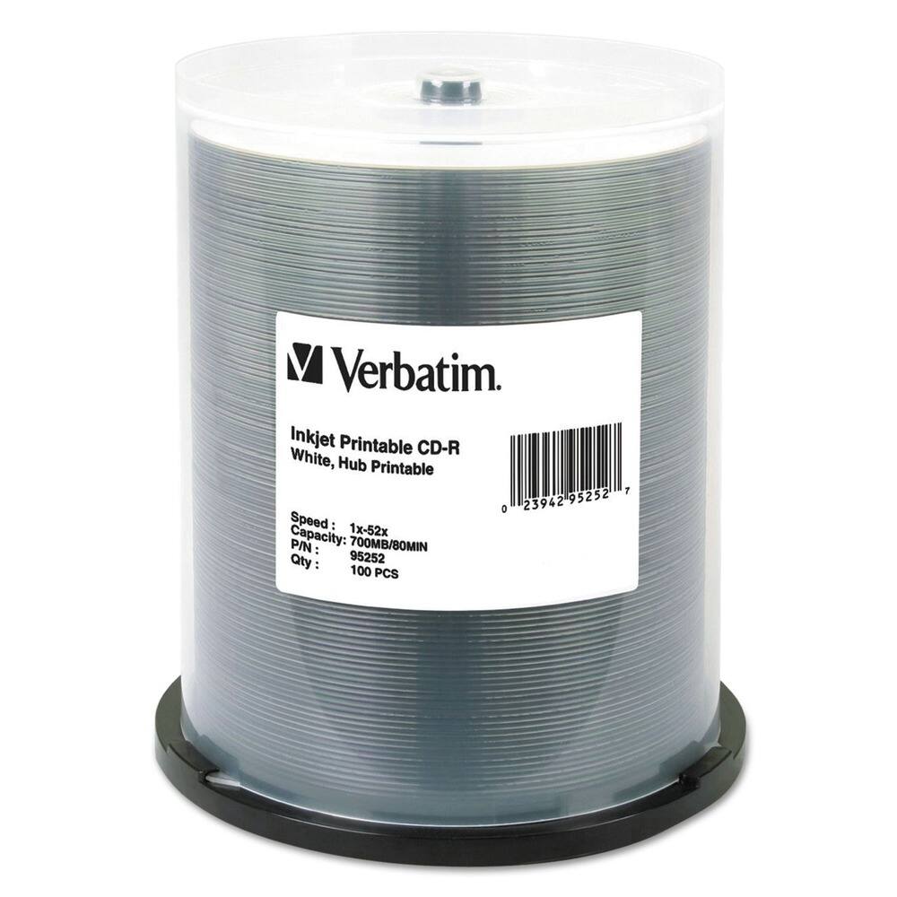 Verbatim  
Inkjet Printable CD-R  
White, Hub Printable  

Speed: 1x-52x  
Capacity: 700MB/80MIN  
P/N: 95252  
Qty: 100 PCS