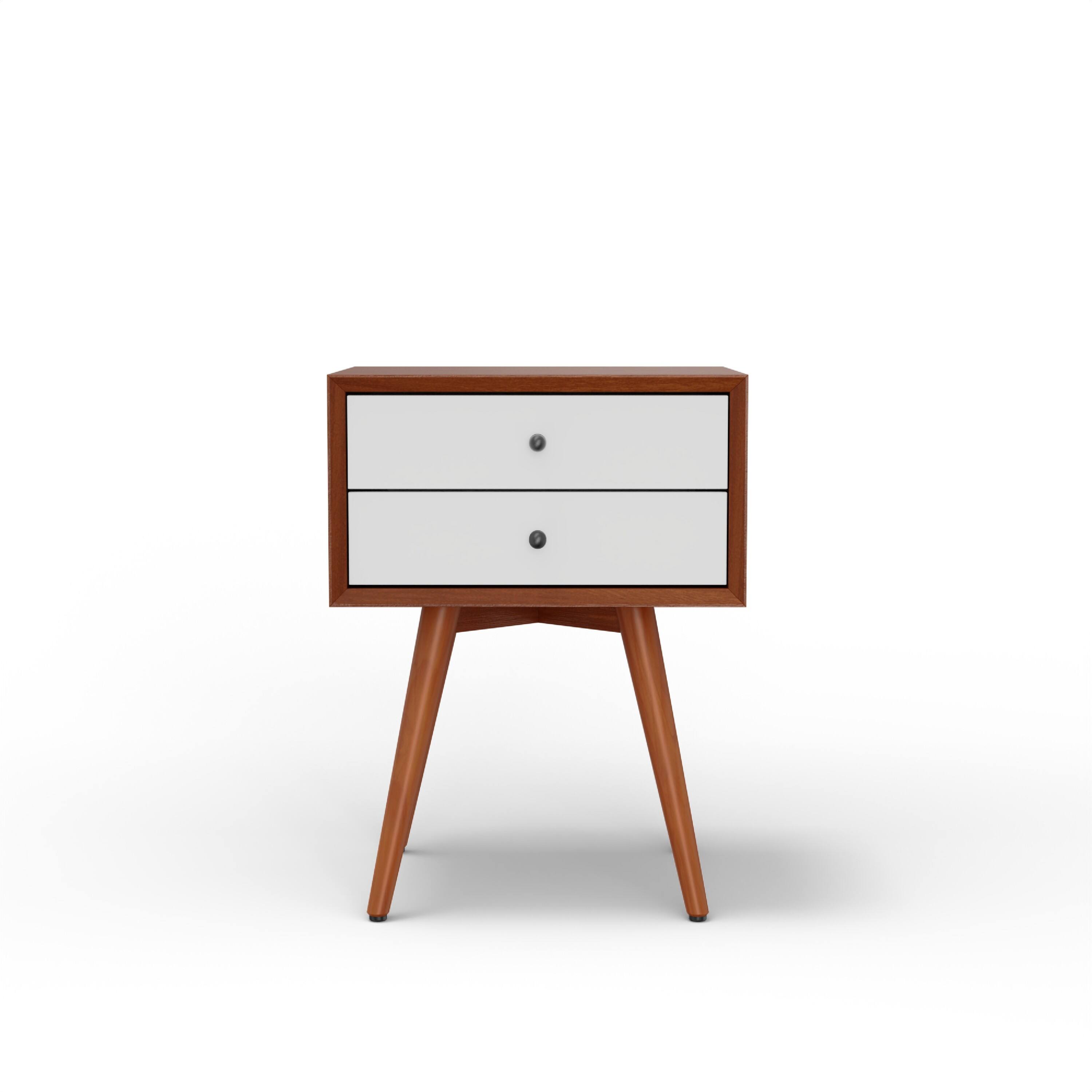 Angle. Manhattan Lane - Ian Small Nightstand, 2 Drawers,  and  Solid Mahogany Wood - Chestnut Brown, White, Black.