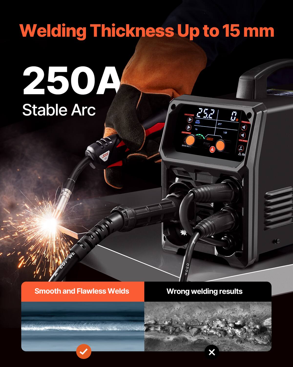 Welding Thickness Up to 15 mm  
250A Stable Arc  

Smooth and Flawless Welds  

Wrong welding results