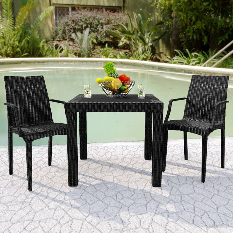 Left. LeisureMod - Mace 4-Pieces Modern Woven Pattern Dining Chairs - Waterproof Stackable Indoor Outdoor Patio Chairs - Black.