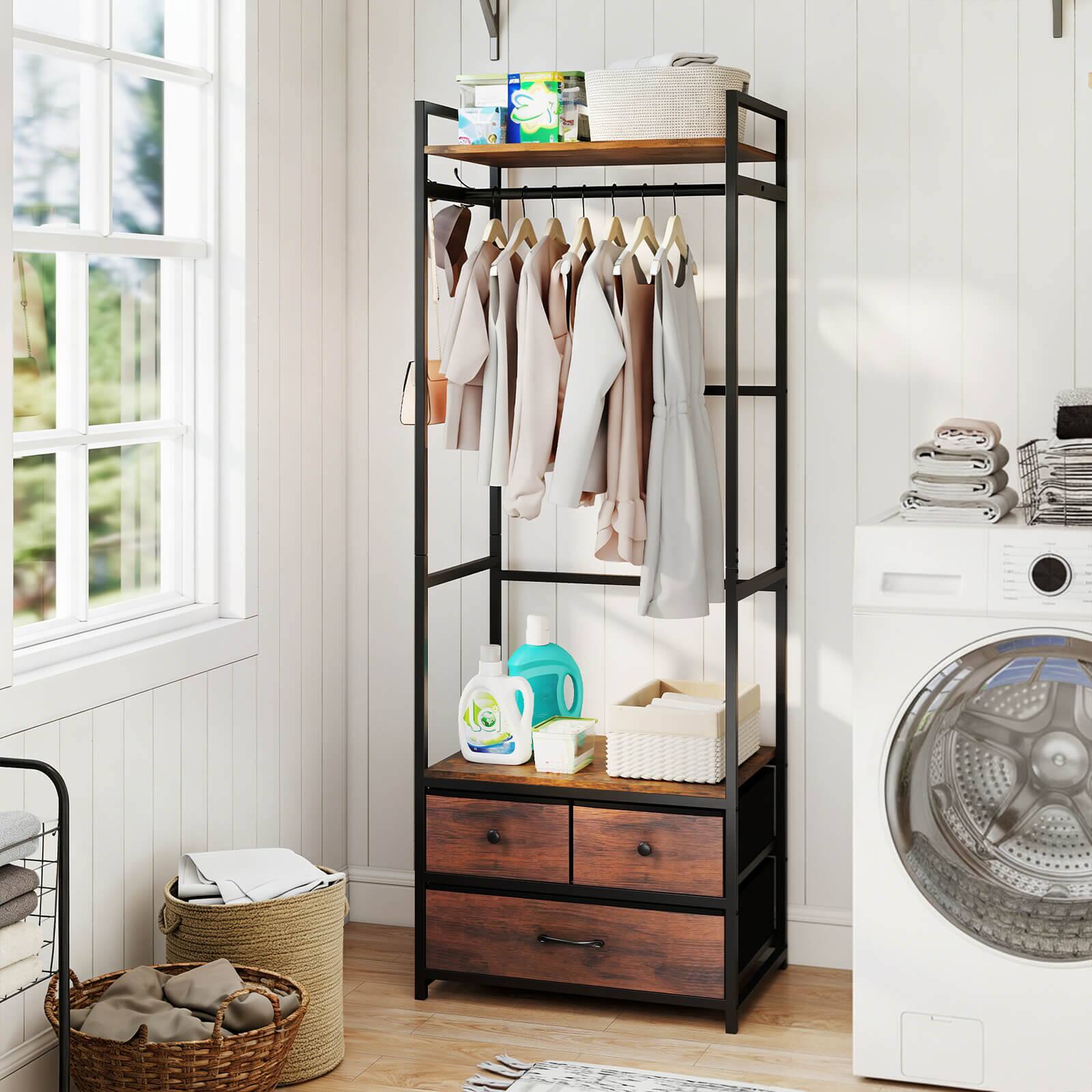 Alt View 4. Costway - Costway Clothes Rack with Drawers, Shelves, Side Hooks, Metal Frame for Entryway, Wardrobe - Rustic Brown,Black.