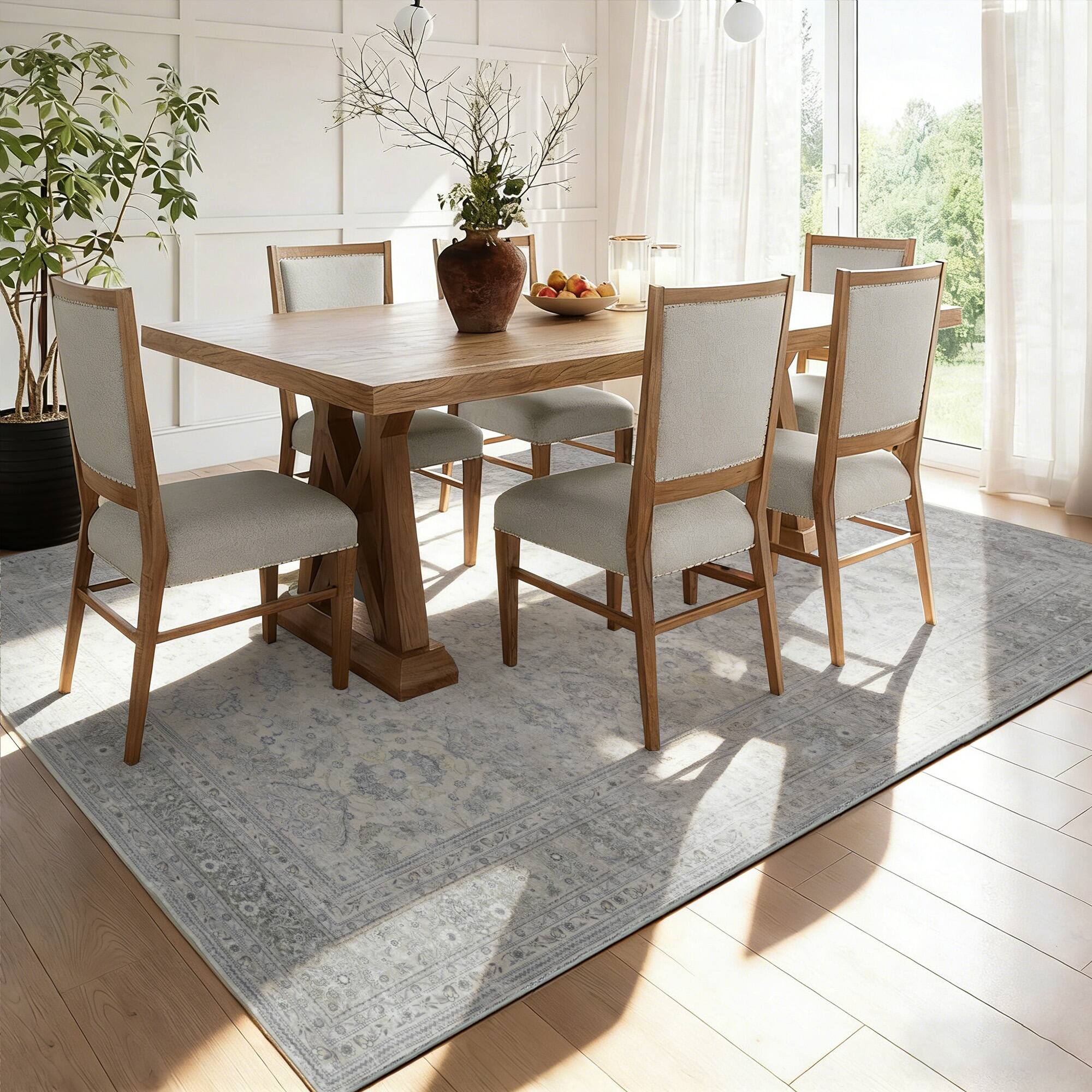 Back. RYHNUYNE - 9x12 Gray Washable Area Rug, Modern Traditional Stain Resistant Distressed Carpet, Soft Thin Rug for Dining Room Office - gray.