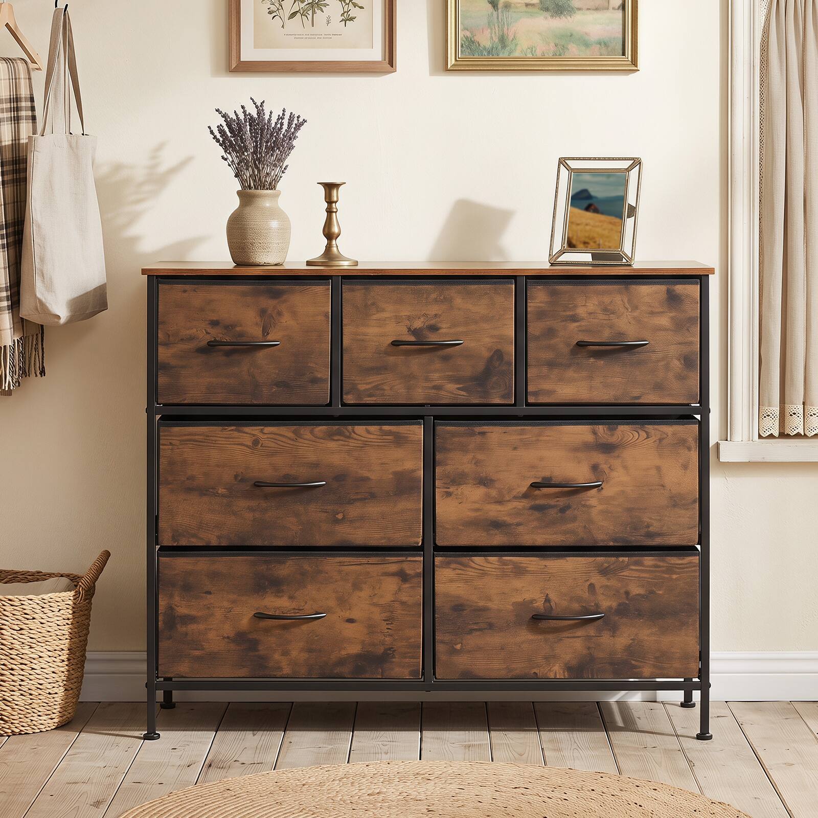 Alt View 1. Costway - Costway 7-Drawer Wide Dresser with 2-Sized Folding Fabric Drawers & 2 Anti-tipping Kits - Rustic Brown.