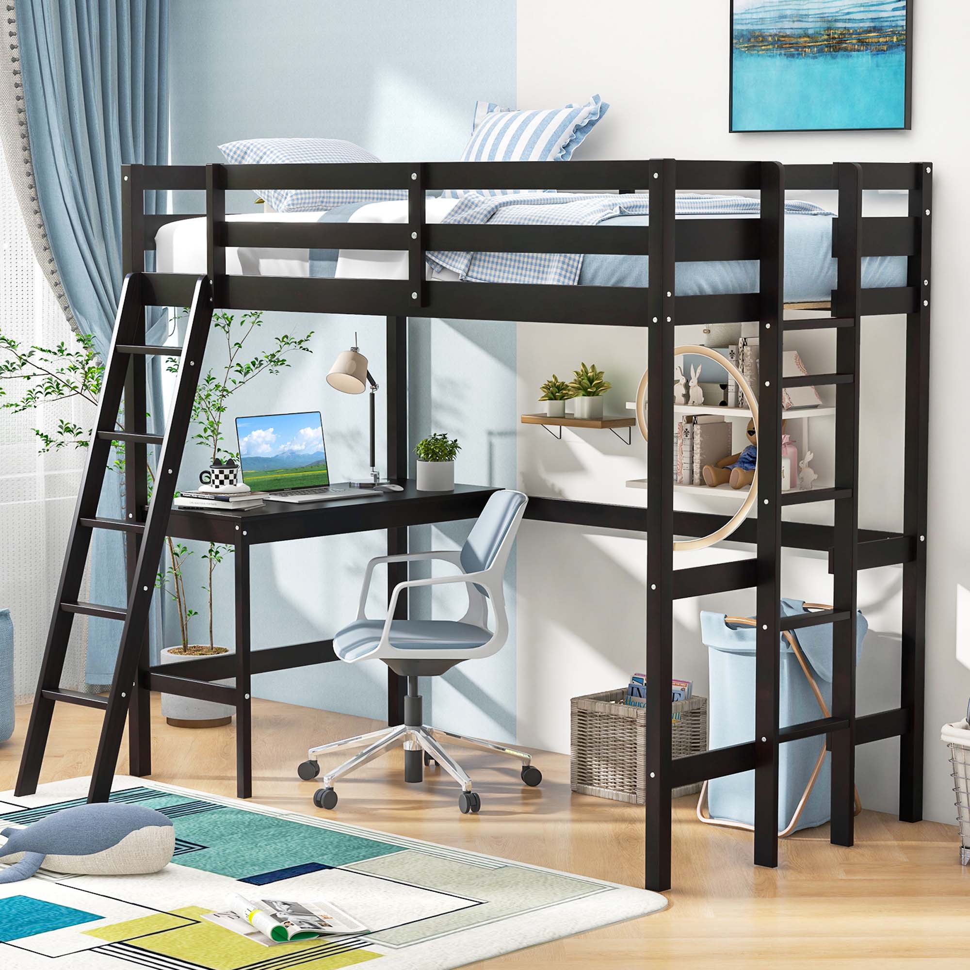 Alt View 5. Costway - Costway Twin Size Loft Bed w/ Desk & Shelf 2 Ladders & Guard Rail for Kids Teens Bedroom - Expresso.