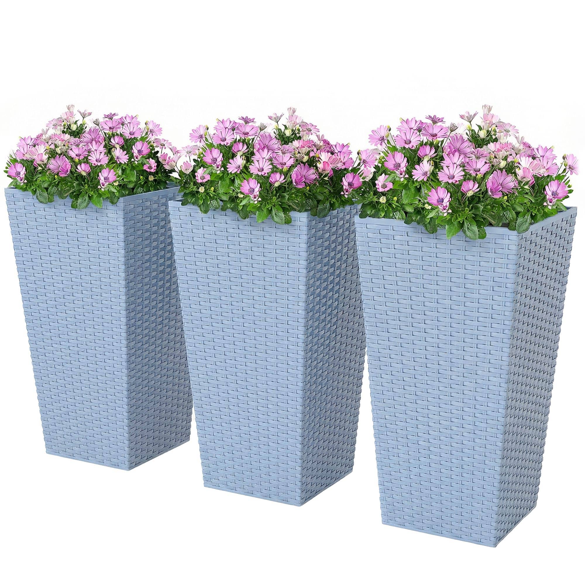 Outsunny - Planters for Outdoor Plants Set of 3, 24 In Taper Planters with Drainage Holes, Rattan Decor Plant Pots - Light Gray