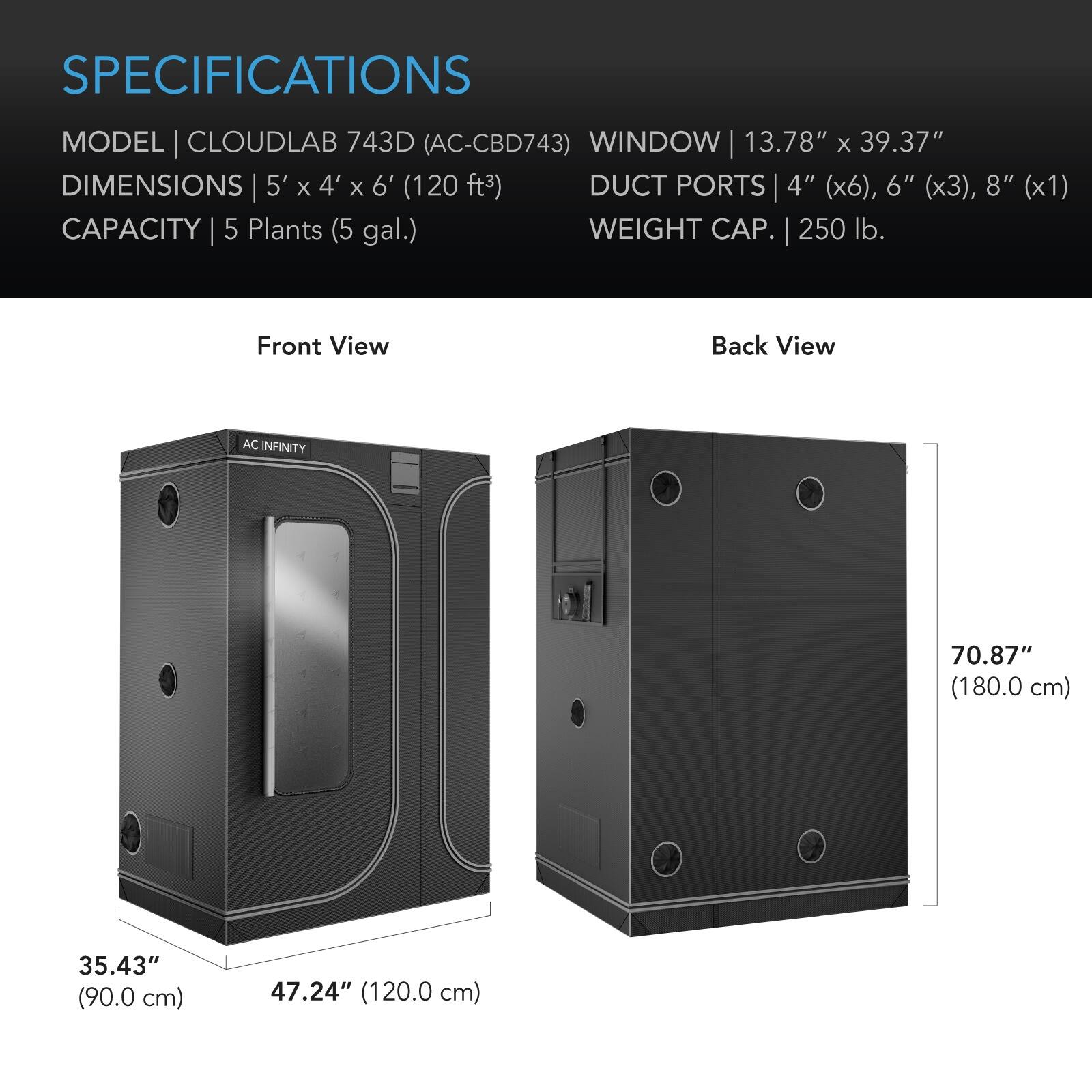 SPECIFICATIONS

MODEL | CLOUDLAB 743D (AC-CBD743)  
WINDOW | 13.78" x 39.37"  
DIMENSIONS | 5' x 4' x 6' (120 ft³)  
DUCT PORTS | 4" (x6), 6" (x3), 8" (x1)  
CAPACITY | 5 Plants (5 gal.)  
WEIGHT CAP. | 250 lb.

Front View  
Back View

AC INFINITY  
70.87" (180.0 cm)  
35.43" (90.0 cm)  
47.24" (120.0 cm)