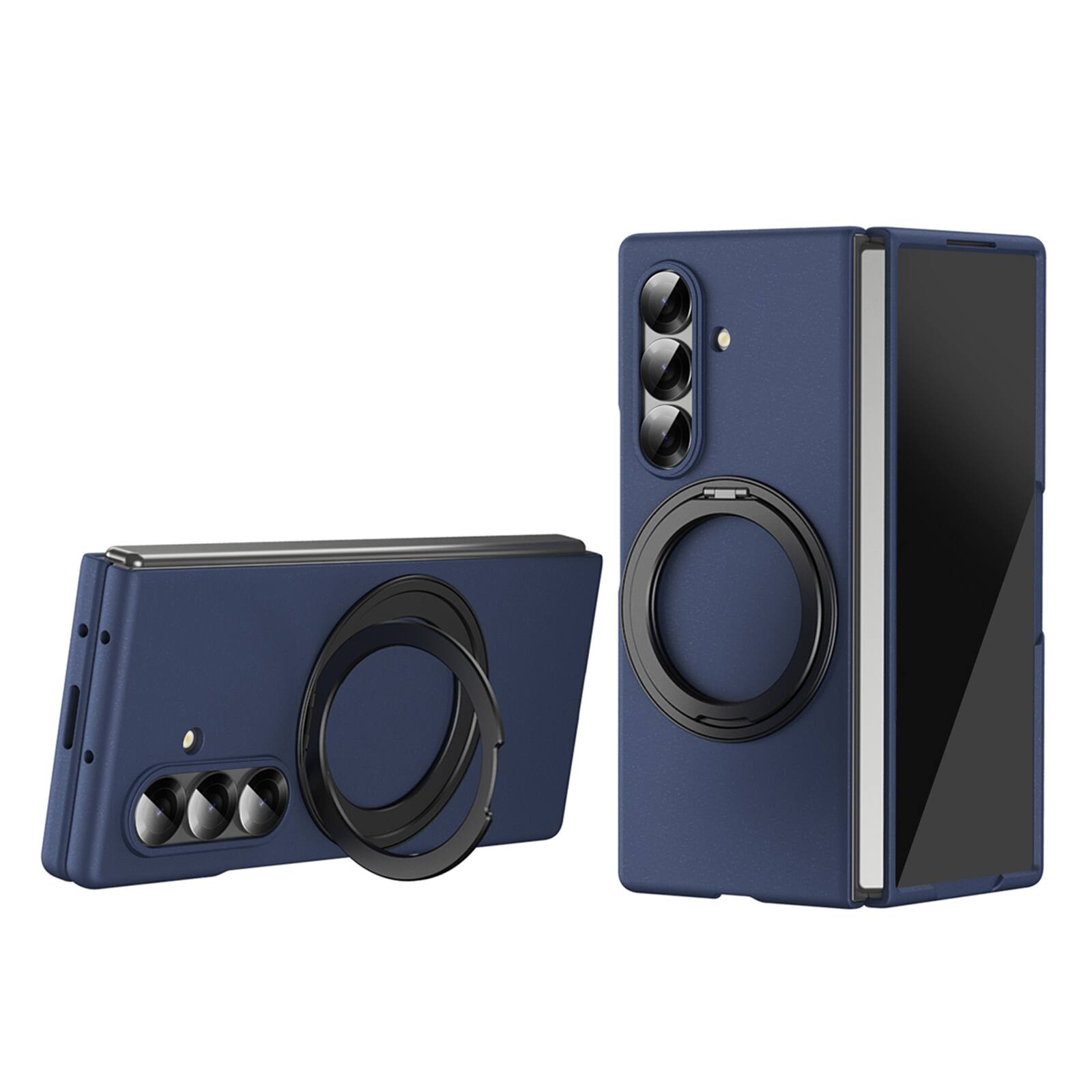 Angle. Dteck - Shockproof Case for Samsung Galaxy Z Fold7 with 360 Rotation Stand, Hard PC Protective Cover Built-in Screen Protector - Blue.