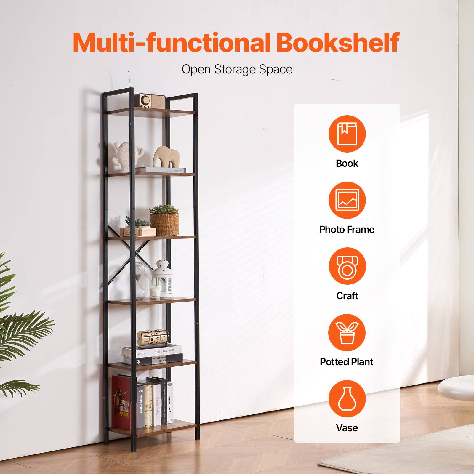 Multi-functional Bookshelf  
Open Storage Space  

- Book  
- Photo Frame  
- Craft  
- Potted Plant  
- Vase
