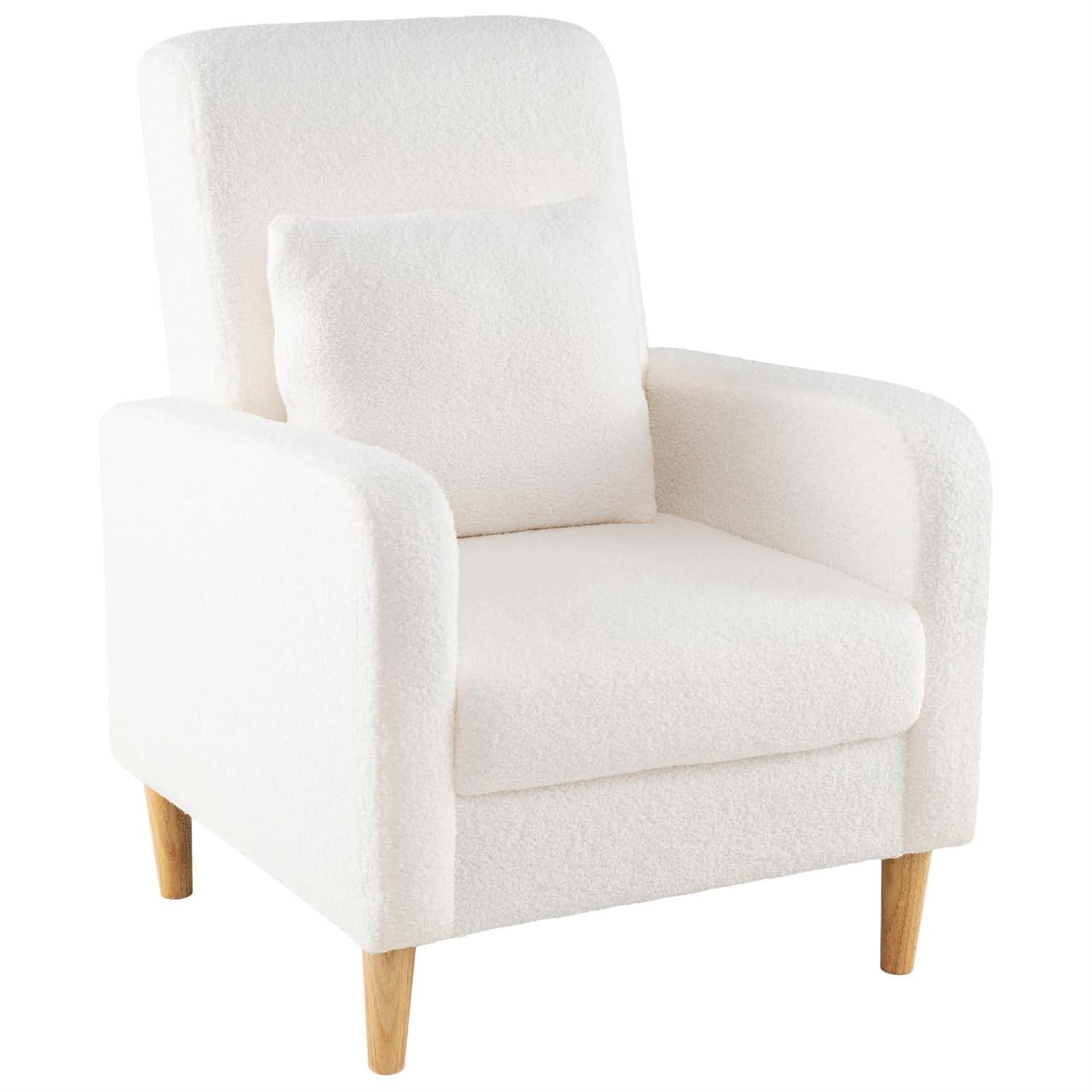 Pefilos- Modern Teddy Fleece Sofa Chair, Removable Lumbar Pillow, Rubber Wood Support Legs, Wave Spring Cushioning- White
