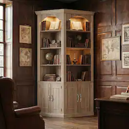 FUFU & GAGA - Arched Display Cabinet with LED Lights, Illuminated Tall Bookcase for Living Room, Storage Cabinet with Doors & Shelves - Light Oak