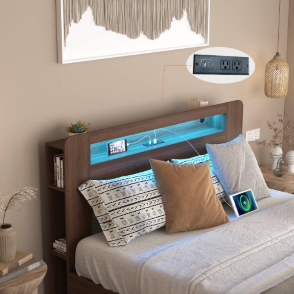 Alt View 2. LUCKY ONE - Queen Size Wooden Platform Bed Frame with Bookcase Headboard, 2 Storage Drawers, LED Lights, USB Charging - Brown.