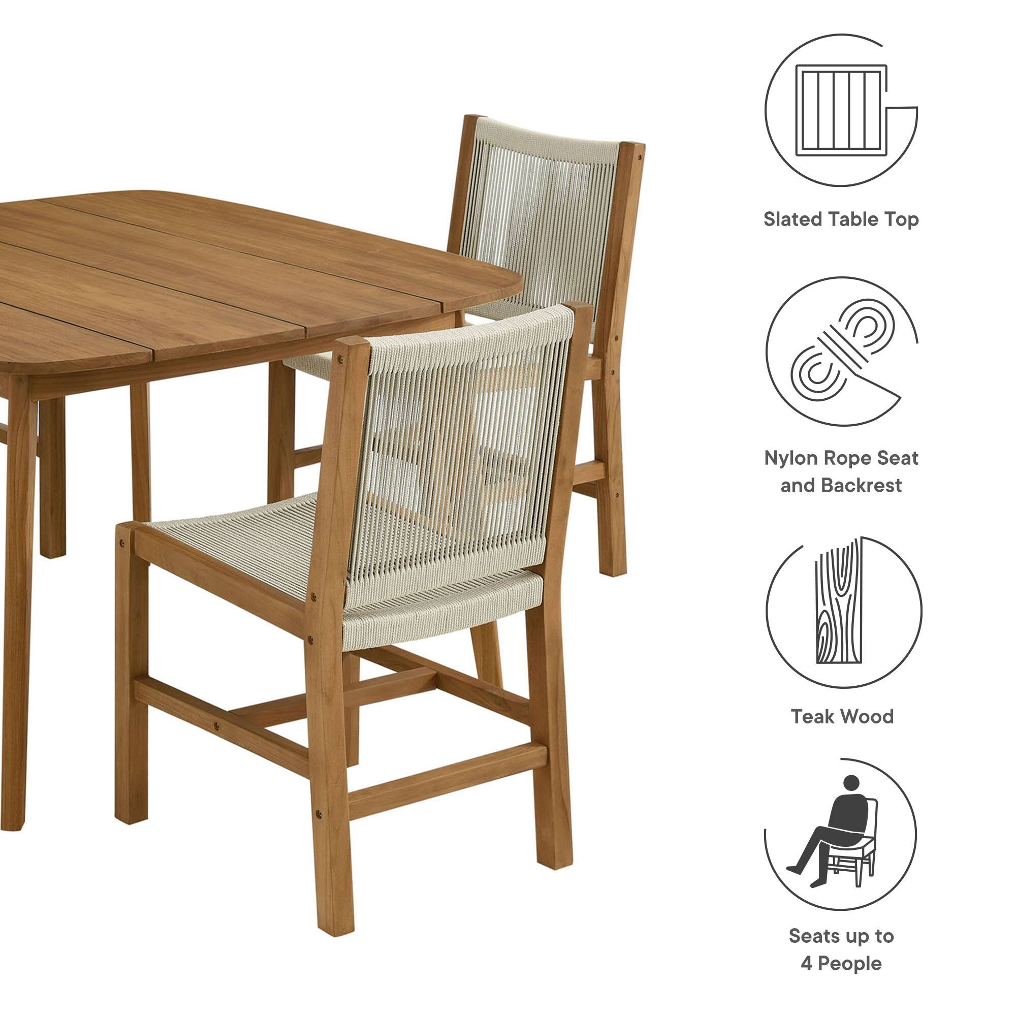 - Slated Table Top
- Nylon Rope Seat and Backrest
- Teak Wood
- Seats up to 4 People