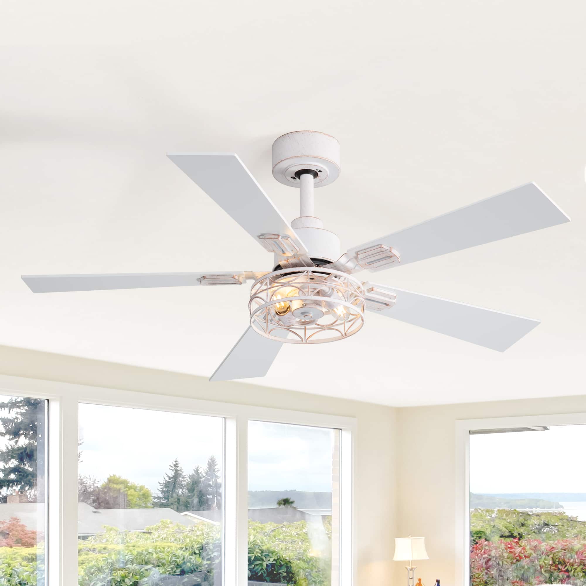 Front. Breezary - 42-In Indoor Ceiling Fan with Light Kit, 5 Plywood Blades, 6-Speed DC Motor and Remote, Timer, Memory Function(1/2 Pack) - Distressed White and Gold (1 Pack).