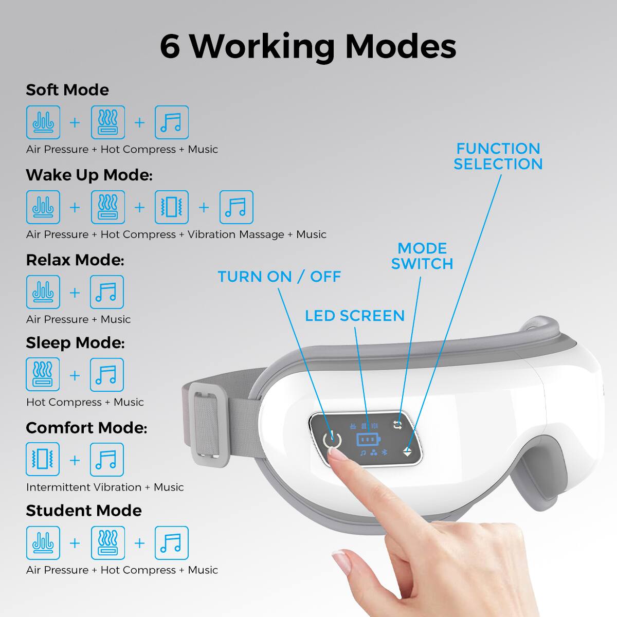 6 Working Modes

Soft Mode  
Air Pressure + Hot Compress + Music

Wake Up Mode:  
Air Pressure + Hot Compress + Vibration Massage + Music

Relax Mode:  
Air Pressure + Music

Sleep Mode:  
Hot Compress + Music

Comfort Mode:  
Intermittent Vibration + Music

Student Mode  
Air Pressure + Hot Compress + Music

FUNCTION SELECTION  
MODE SWITCH  
TURN ON / OFF  
LED SCREEN