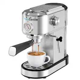 Sweetcrispy - Semi Automaic Espresso Machine with Pressure Gauge and Steam Wand Milk Frother, Compact Coffee Maker - Stainless Steel