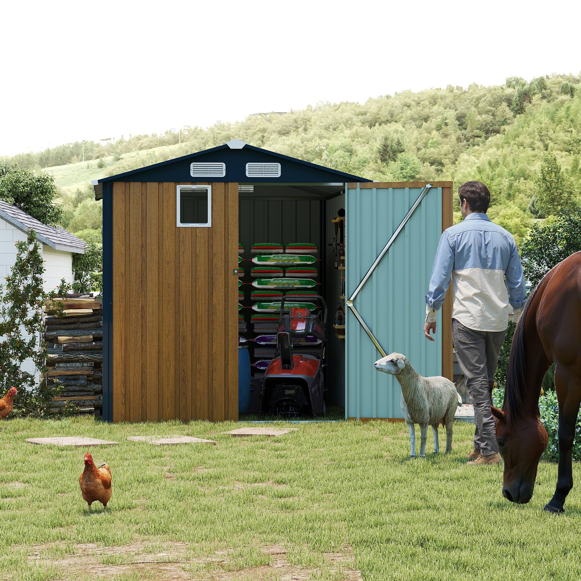 Angle. Mondawe - 6x8FT Outdoor Steel Storage Shed with Clear Window and Lockable Doors - Brown.