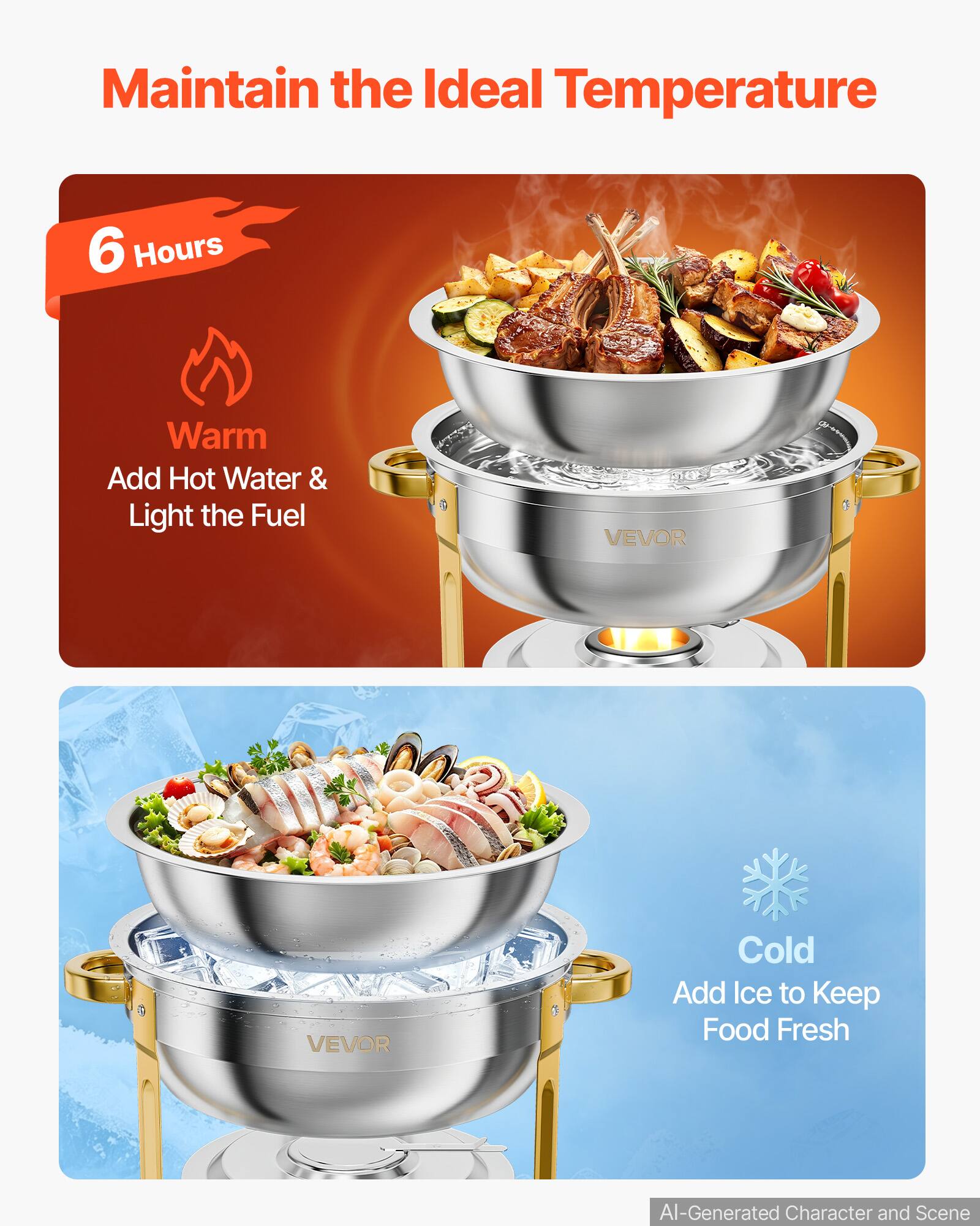 Maintain the Ideal Temperature

6 Hours

Warm
Add Hot Water & Light the Fuel

Cold
Add Ice to Keep Food Fresh

VEVOR

AI-Generated Character and Scene