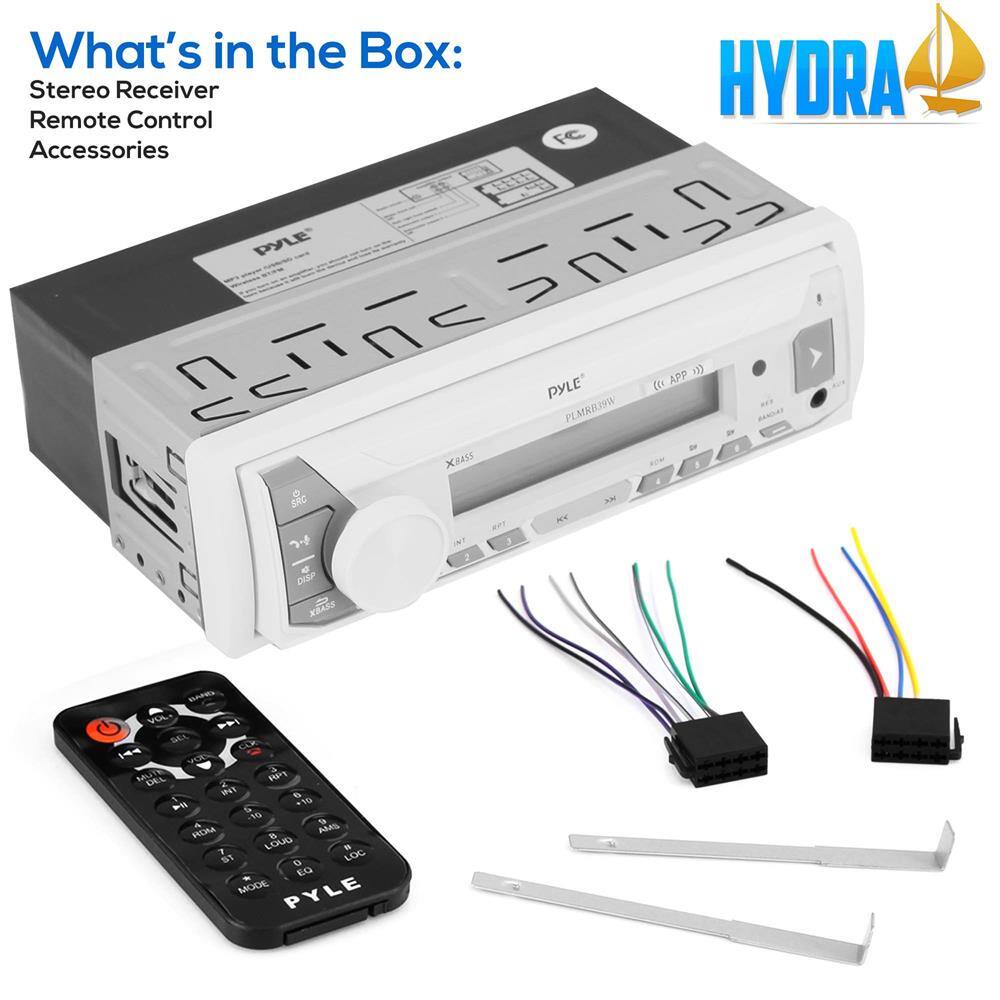 What's in the Box:  
Stereo Receiver  
Remote Control  
Accessories  

HYDRA  

PYLE  
PLM809W  

X BASS  
DISP  
VOL  
MUTE  
AUX  
MNT  
9D  
10  
9 IA  
AMI  
LOUO  
ST  
LOG  
EG  
MODE  

PYLE