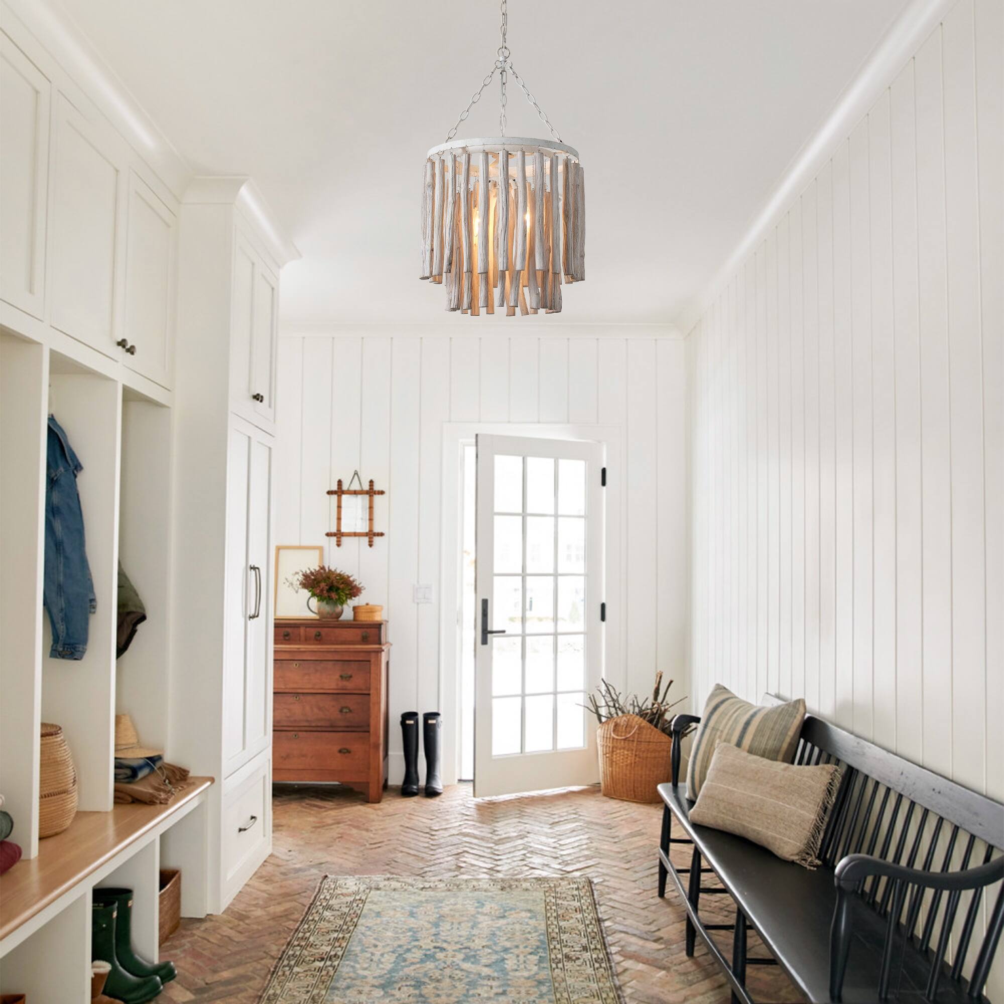 Back. Parrot Uncle - 17"W Farmhouse White Wooden Adjustable 4-Light Chandelier - White.