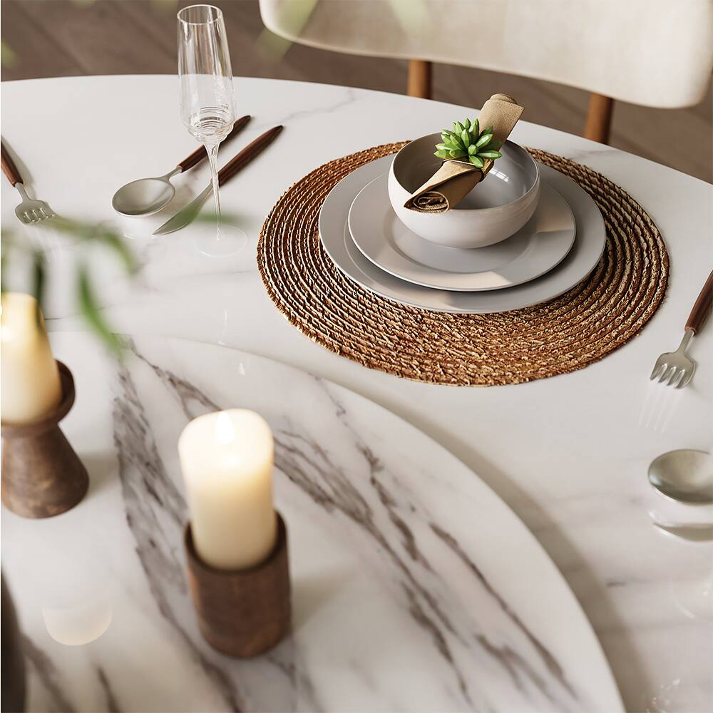 Back. POVISON - Modern 47" Round Dining Table for 4 White Sintered Stone Walnut Finish for Small Spaces, Breakfast Nooks & Apartments - White.