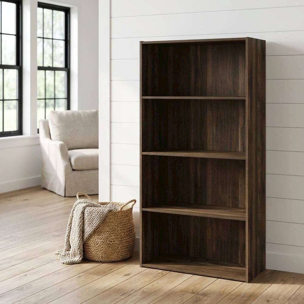 Angle. FurniFact - Wooden 4-Tier Open Shelf with Ample Storage in Walnut Finish - Columbia Walnut.
