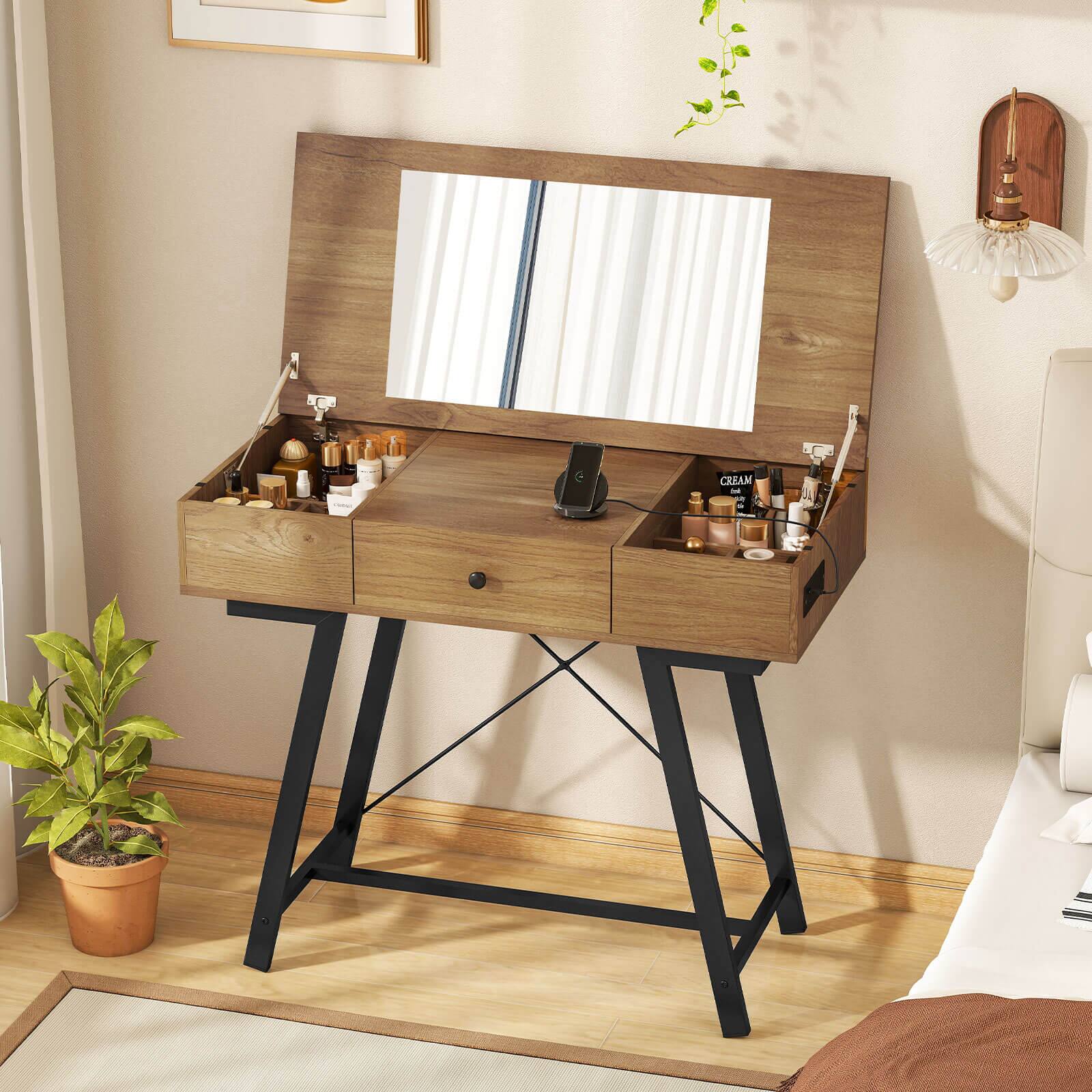 Alt View 1. Costway - Costway Vanity Desk with Flip Top Mirror Makeup Dressing Table with Power Outlets Drawer - Natural.