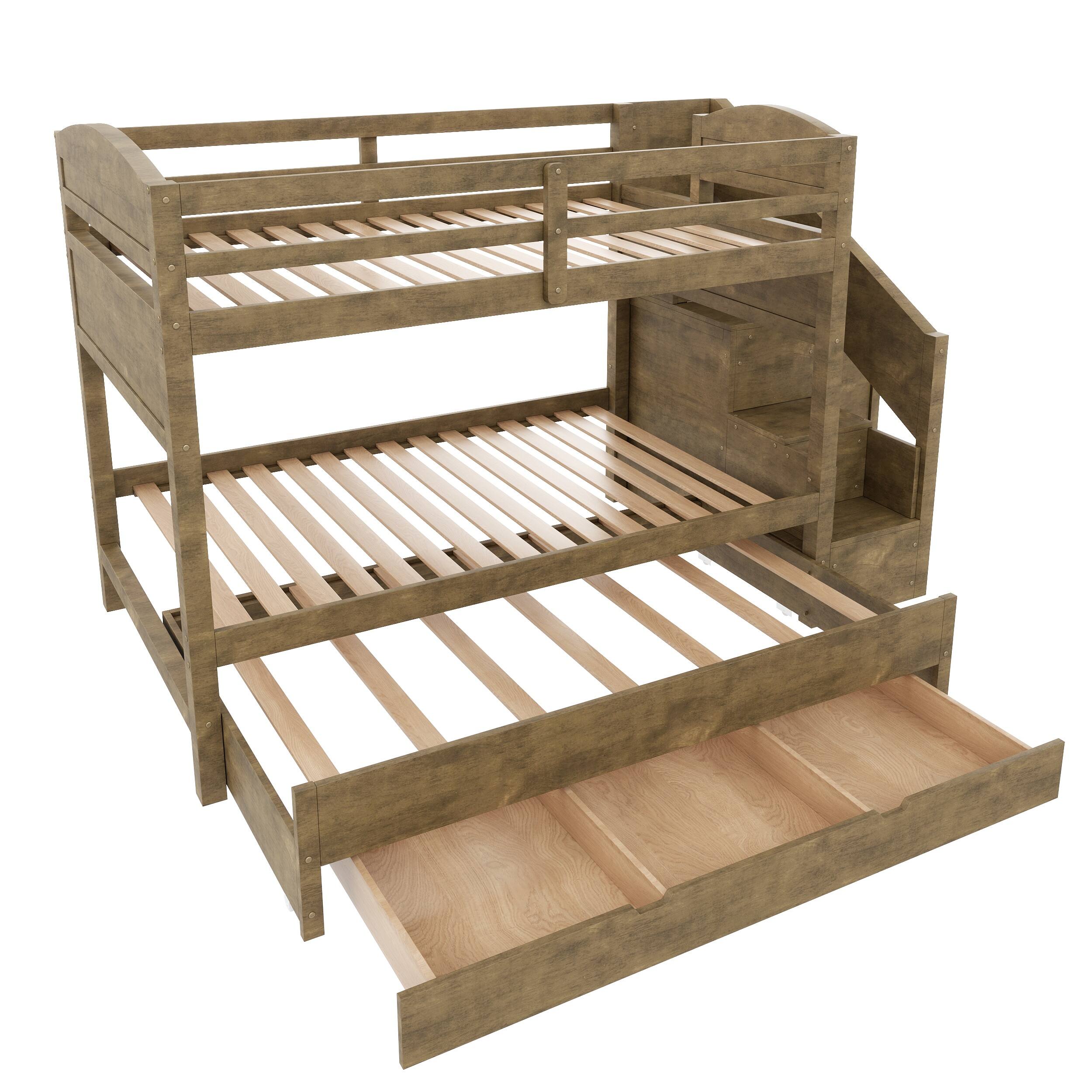 Back. Whisen - Twin XL over Twin XL Bunk Bed with Trundle, Storage Staircase, Wardrobe and 3 Drawers - Walnut.