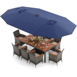 Costway - 11 PCS Patio Dining Set with 15 ft Double-Sided Patio Umbrella 8 Armchairs - Mix Gray,Beige,Blue